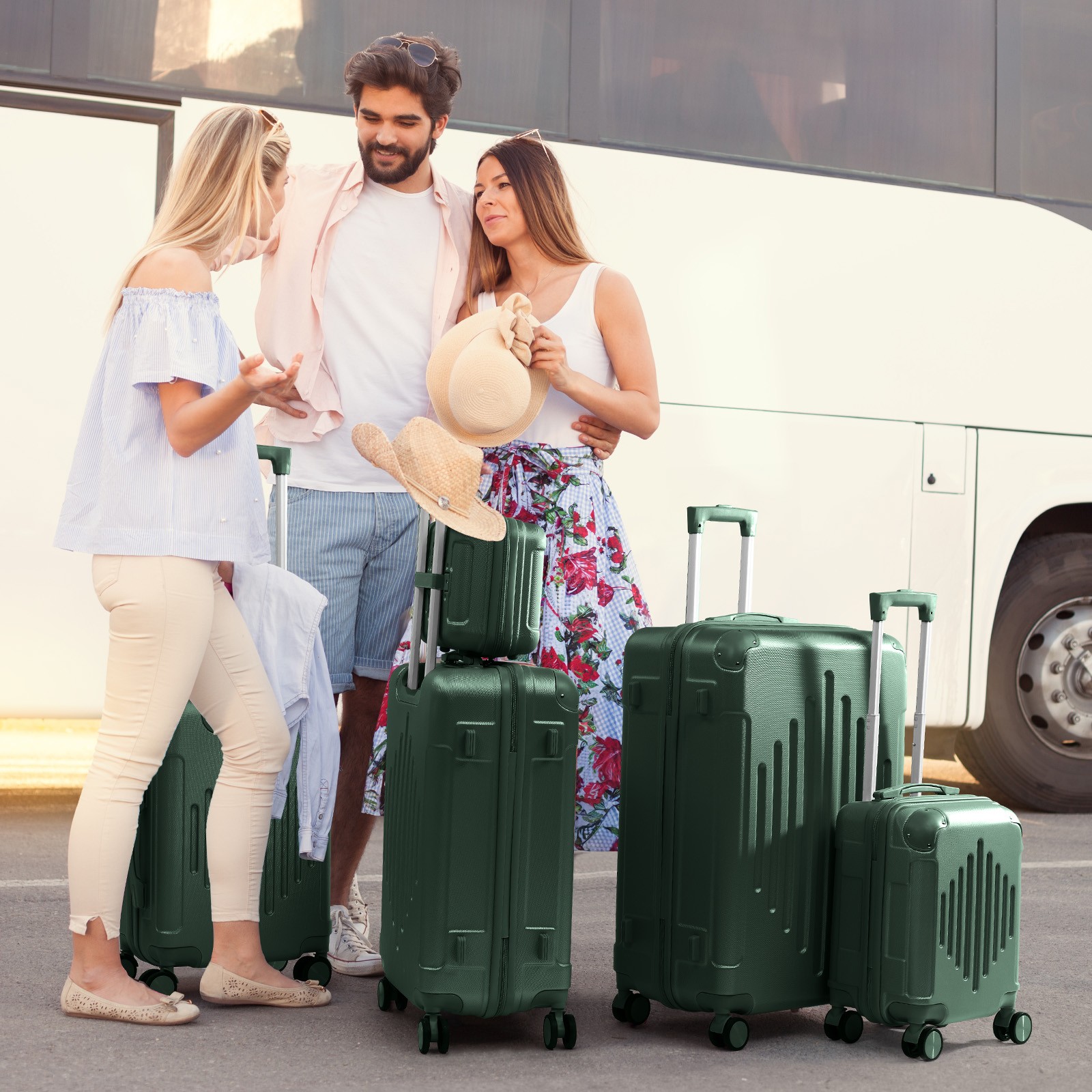 Luggage Sets 5 Piece 100% PC Ultra Tough Hardside Expandable Suitcases Green