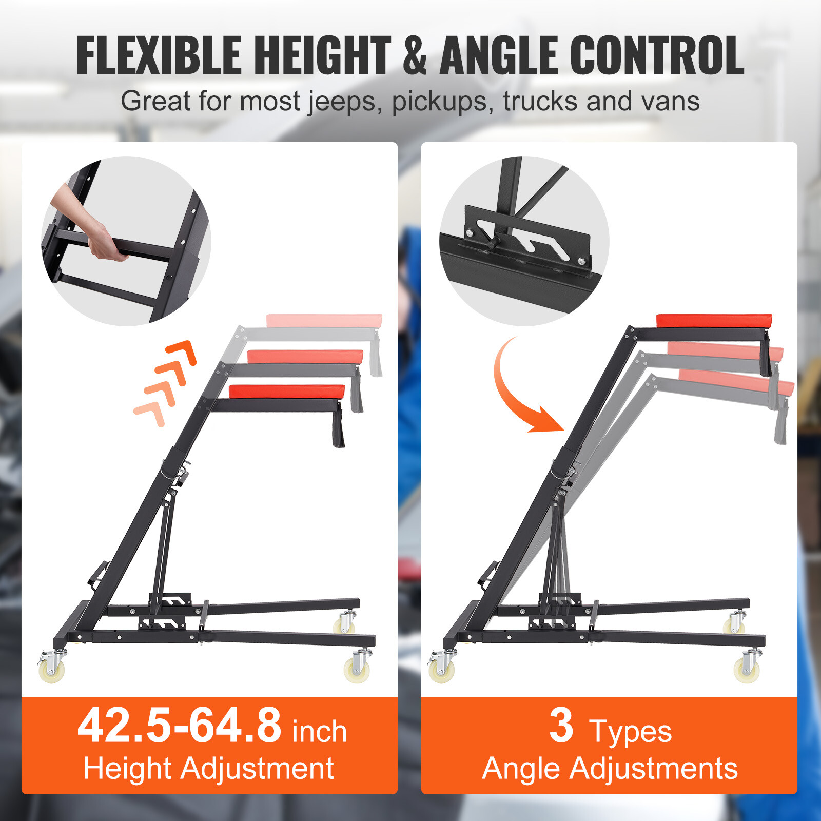 Automotive Topside Creeper 400LBS Adjustable Height Movable with 4 Wheels