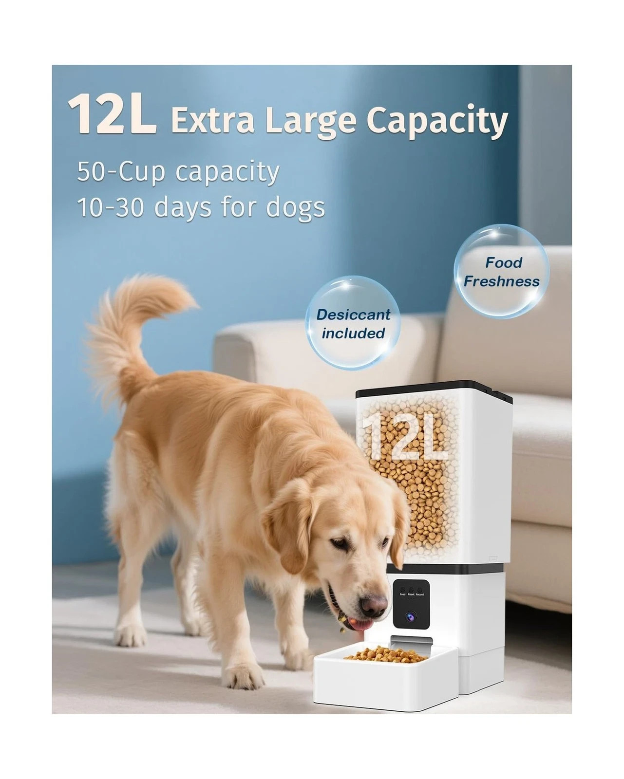 Automatic Dog Feeder Large Breed W/Camera - 12L/50 Cups App WiFi Night Vision