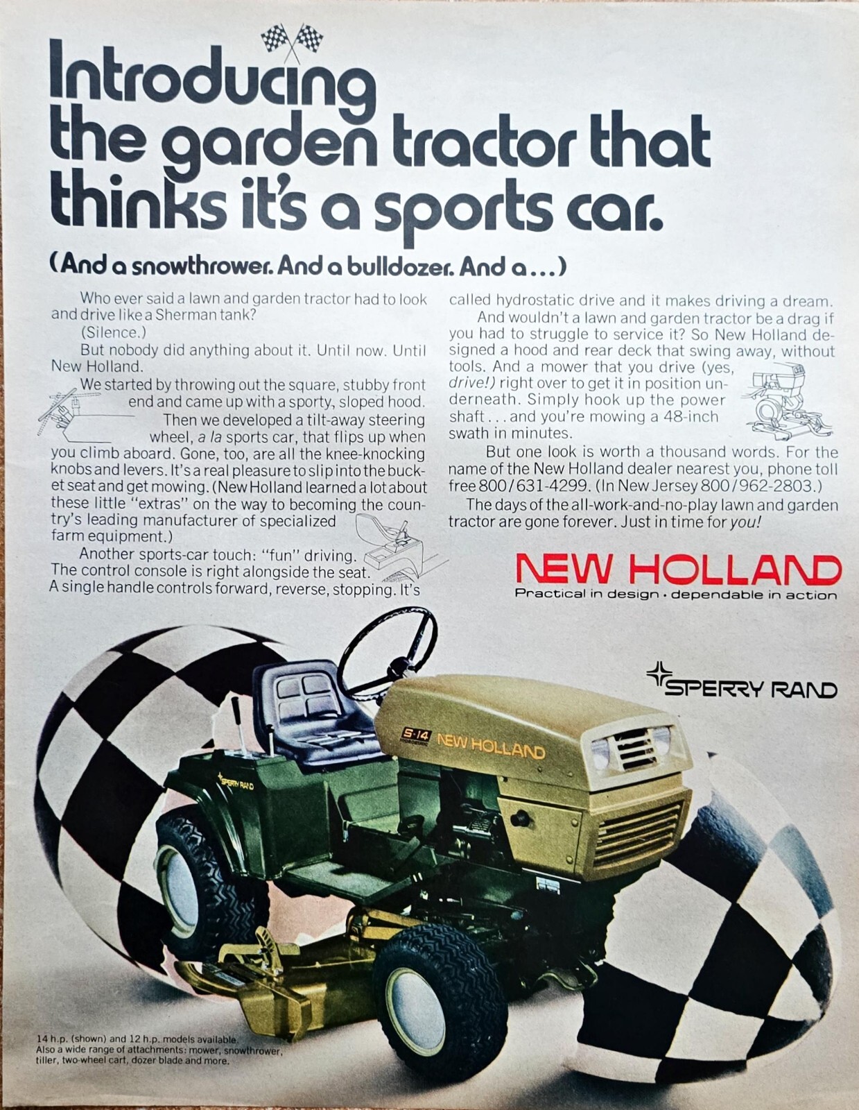 NEW HOLLAND - Garden Tractor-Sports Car-Snowthrower-1971 Vintage Print Ad