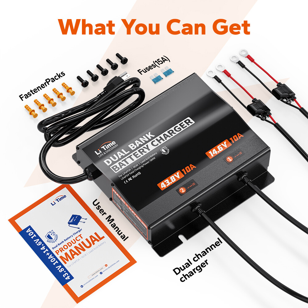 LiTime 14.6V+43.8V 10A Dual Bank AC-DC Battery Charger for 12V + 36V LiFePO4 AGM