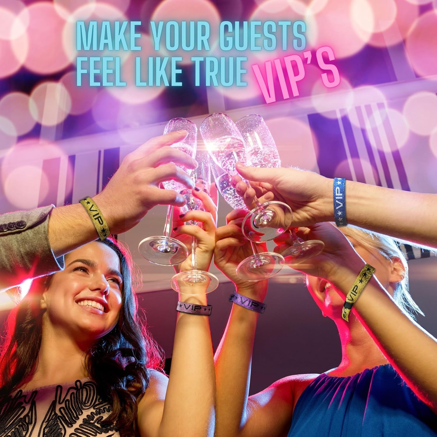 100 Pack Blue Glitter VIP Party Wristbands with Secure Locking Clip. Must Have A