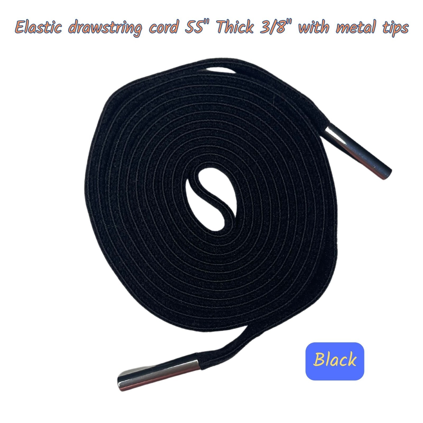 Flat drawstring cord replacement 55" Thick 3/8" with metal tips. Stretch cords