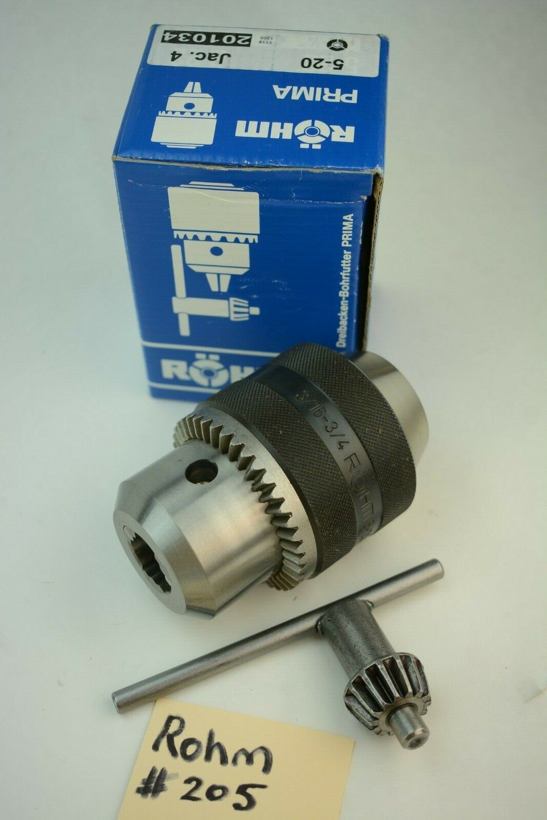 Rohm Germany Quality Precision Drill Chuck & Key 3/16"-3/4" 4JT #4 Jacobs Taper