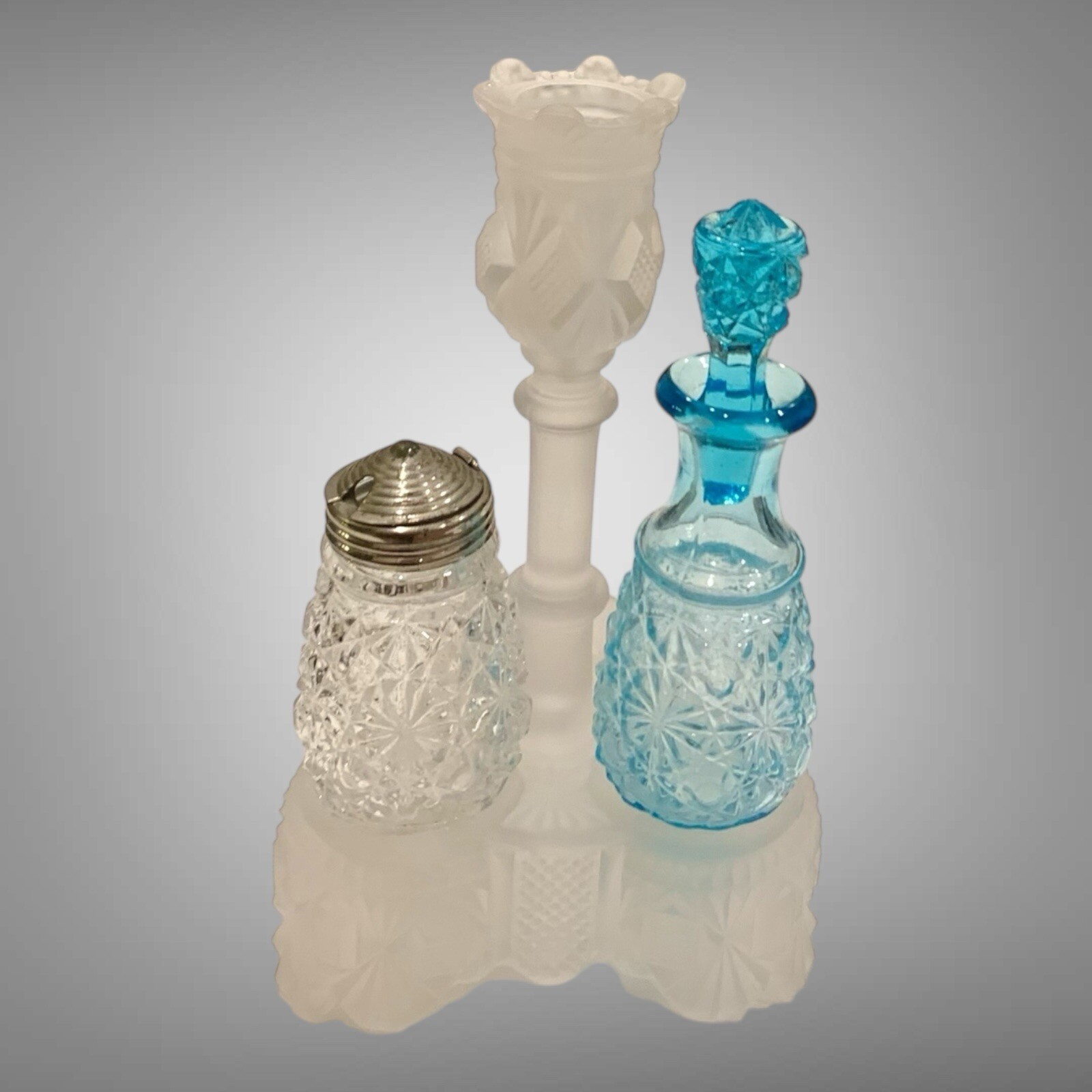 1860s  Belmont Co. EAPG Pattern Glass Condiment Cruets (2) And Castor Set