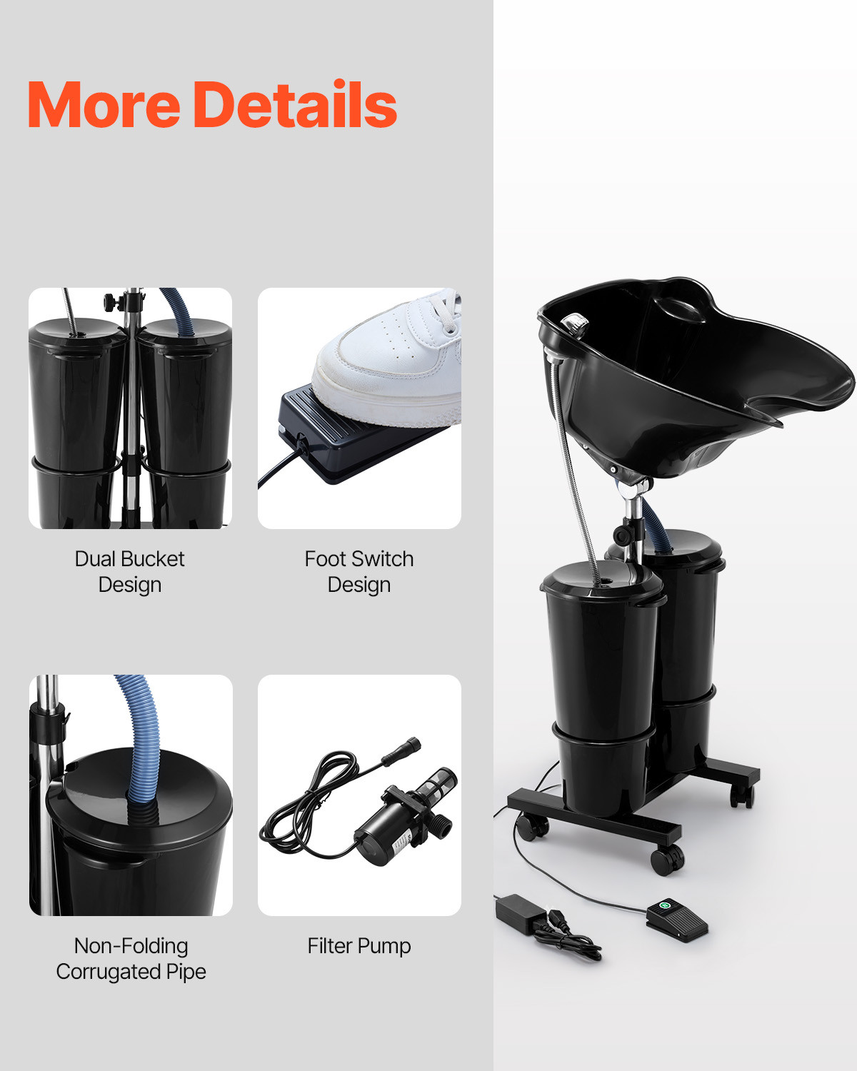 VEVO Portable Shampoo Bowl w/Drain Hose 2 Buckets Adjustable Height Salon Sink