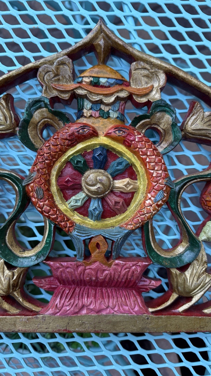 Vintage Tibetan Buddhist Traditional Hand Carved Painted Wood Door Topper (?)