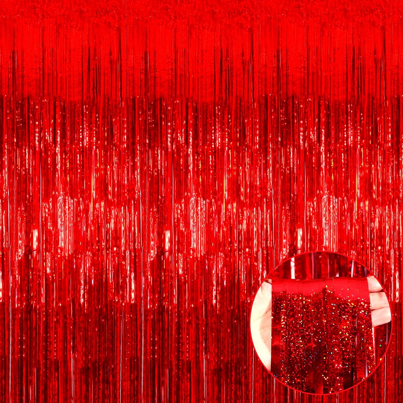 4 Pack Red Tinsel Foil Fringe Curtain Backdrop, 3.28Ft x 8.2Ft Metallic Strea...