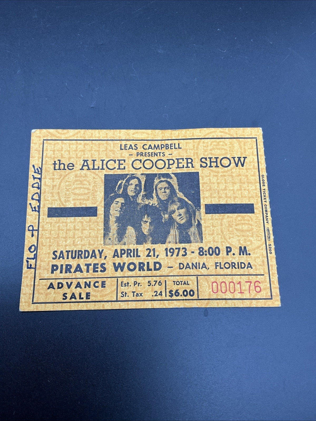 Alice Cooper 1973 Dania FL Pirates World 4/21/73 Original Concert Ticket Stub