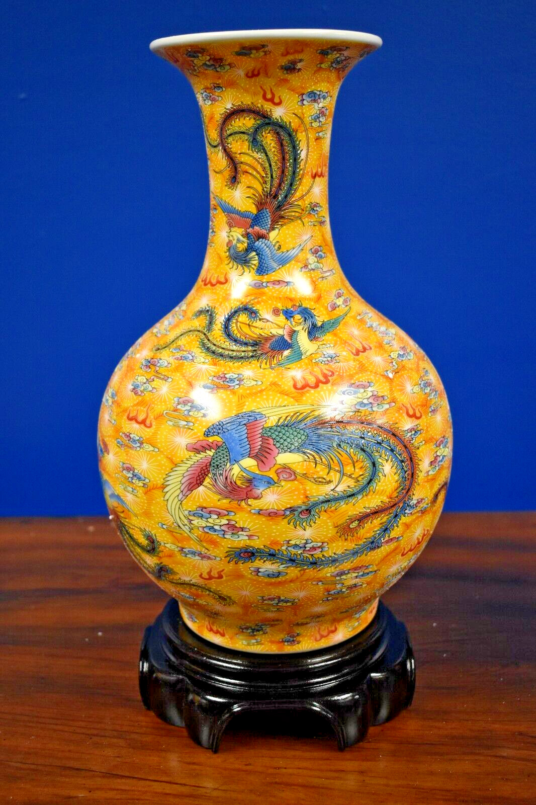 14" YELLOW PHOENIX VINTAGE NOS CHINESE JINGDEZHEN PORCELAIN VASE W/STAND 16"