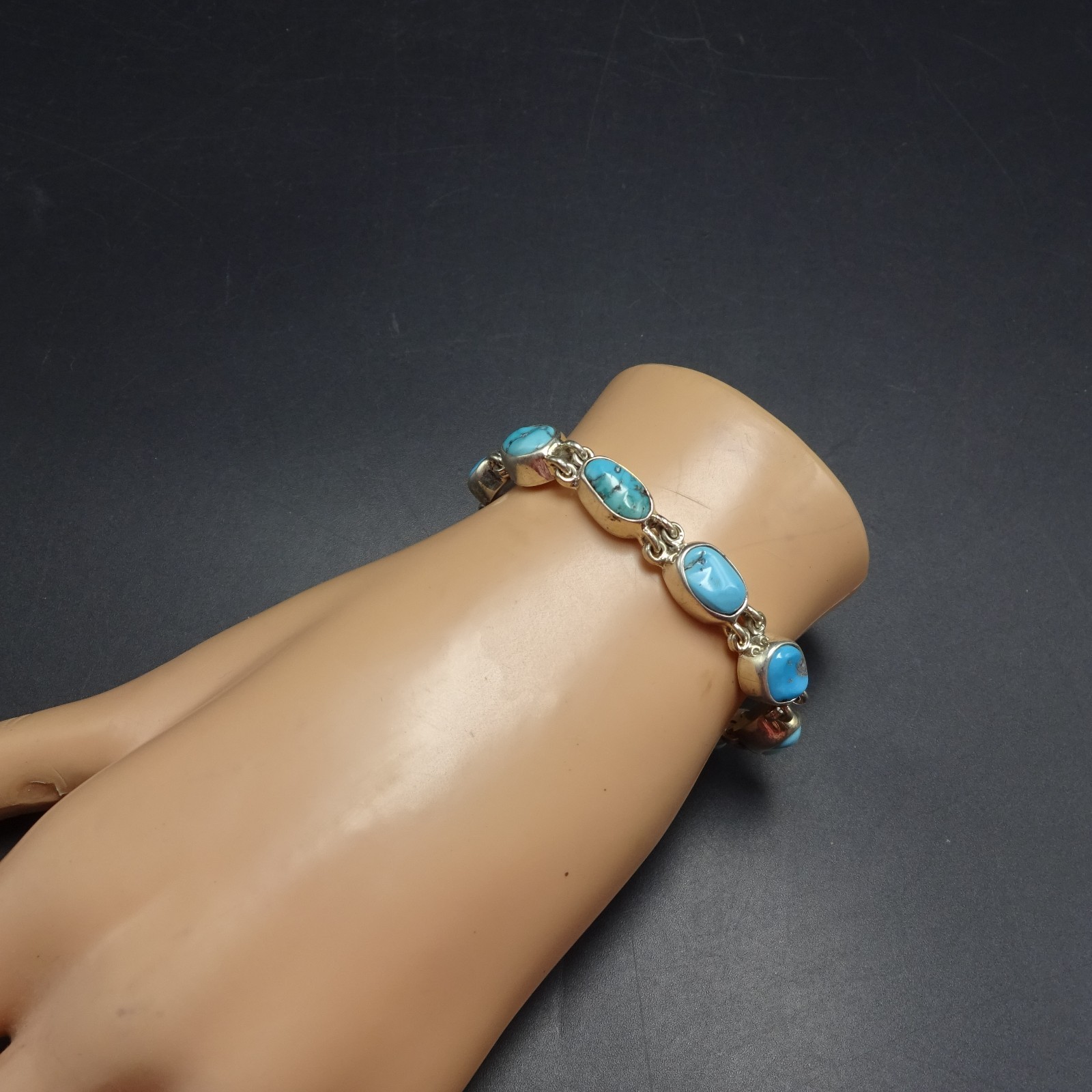 FEDERICO JIMENEZ Sterling Silver TURQUOISE Link Bracelet Gorgeous Natural Cabs