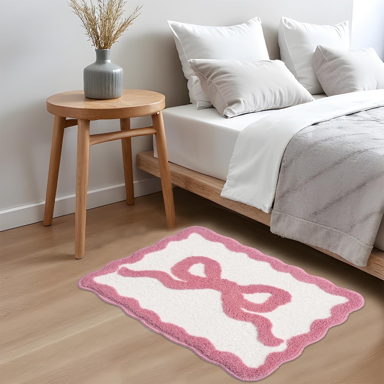 Scalloped Bow Bathroom Rugs Coquette Pink Cute Bath Rug Microfiber Water Abso...