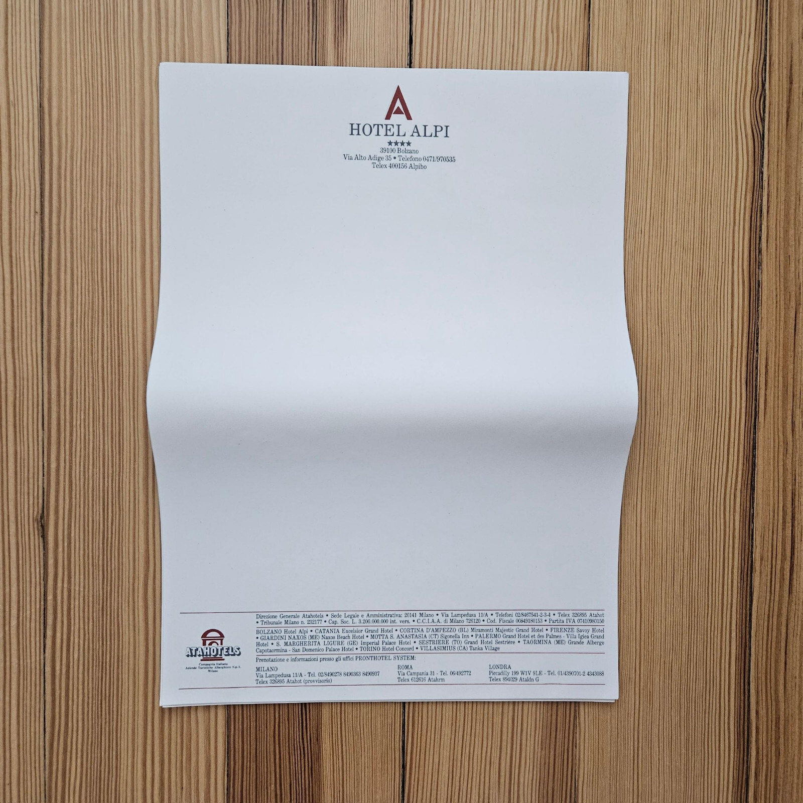 Vintage Interhotel Executive & Atahotel Alpi Stationery Paper, Milano Italy