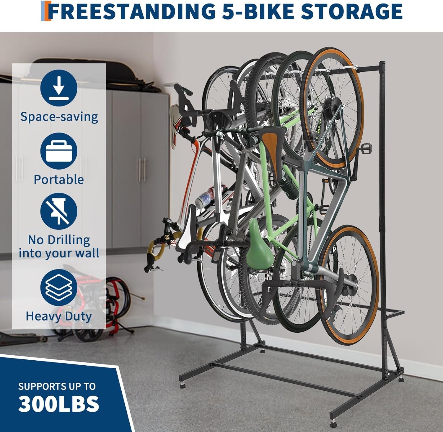 5 Bike Storage Rack Adjustable Height Space Saving, Garage Wall Storage 300lbs