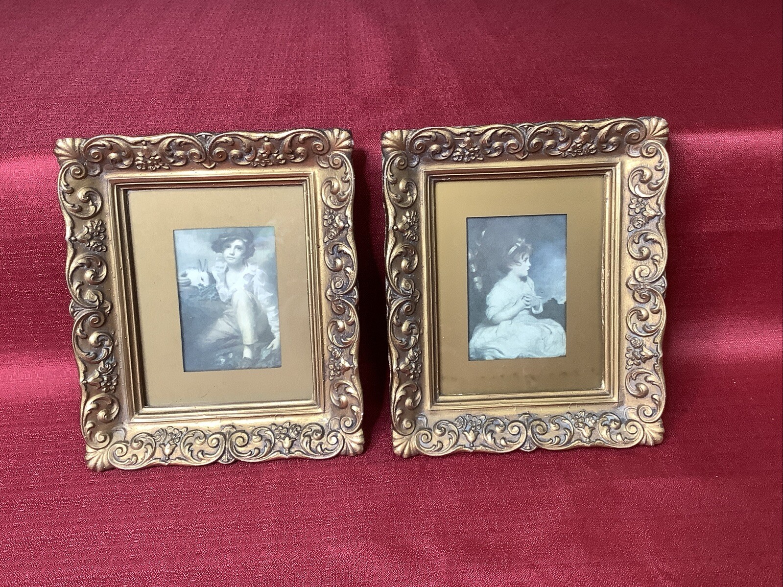 Boy With A Rabbit “ Innocence Of A Child” 7x 6" Gold Ornate Framed Set Of 2 Vtg