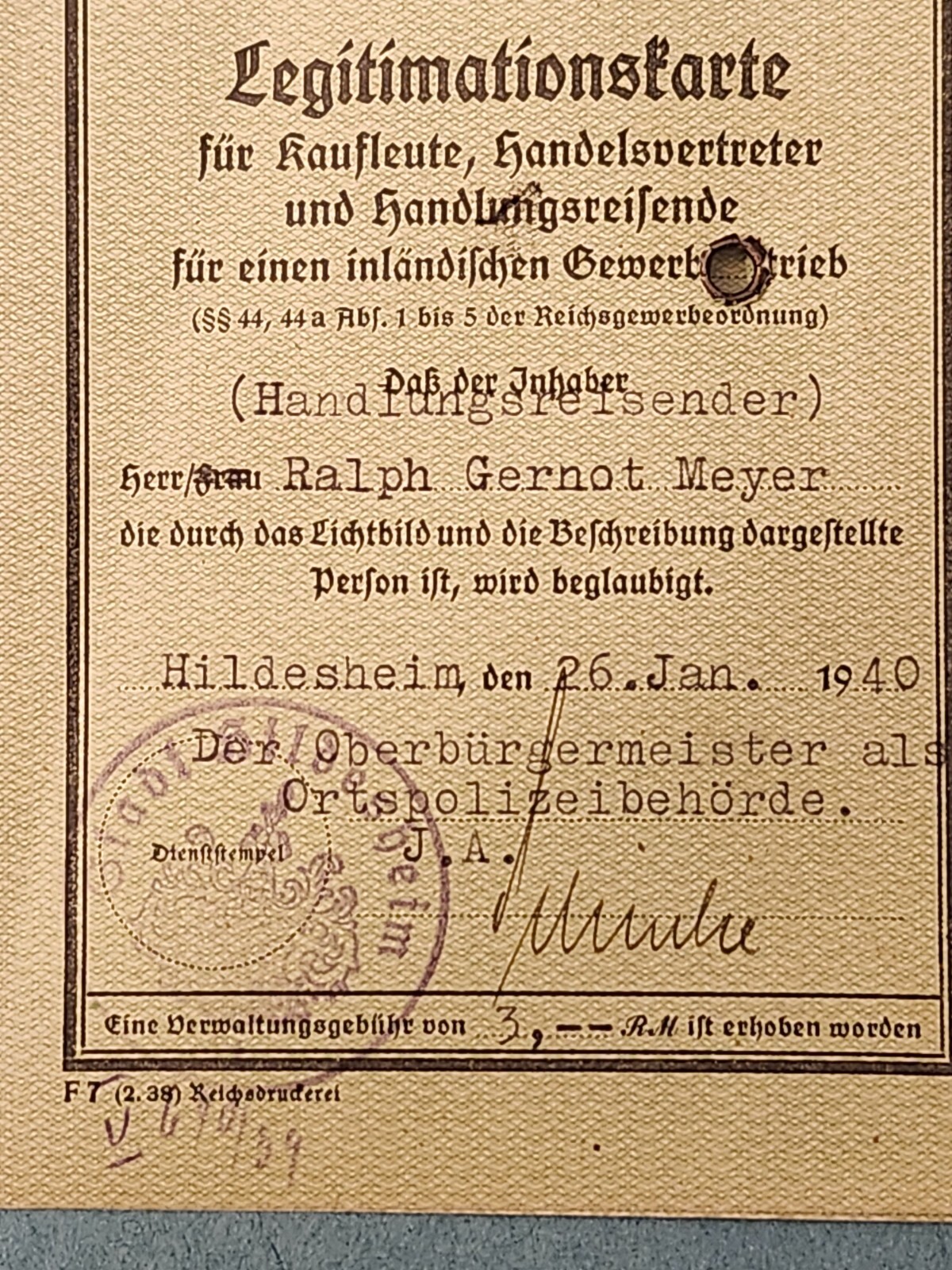 WW2 German. Legitimationskarte 1940.