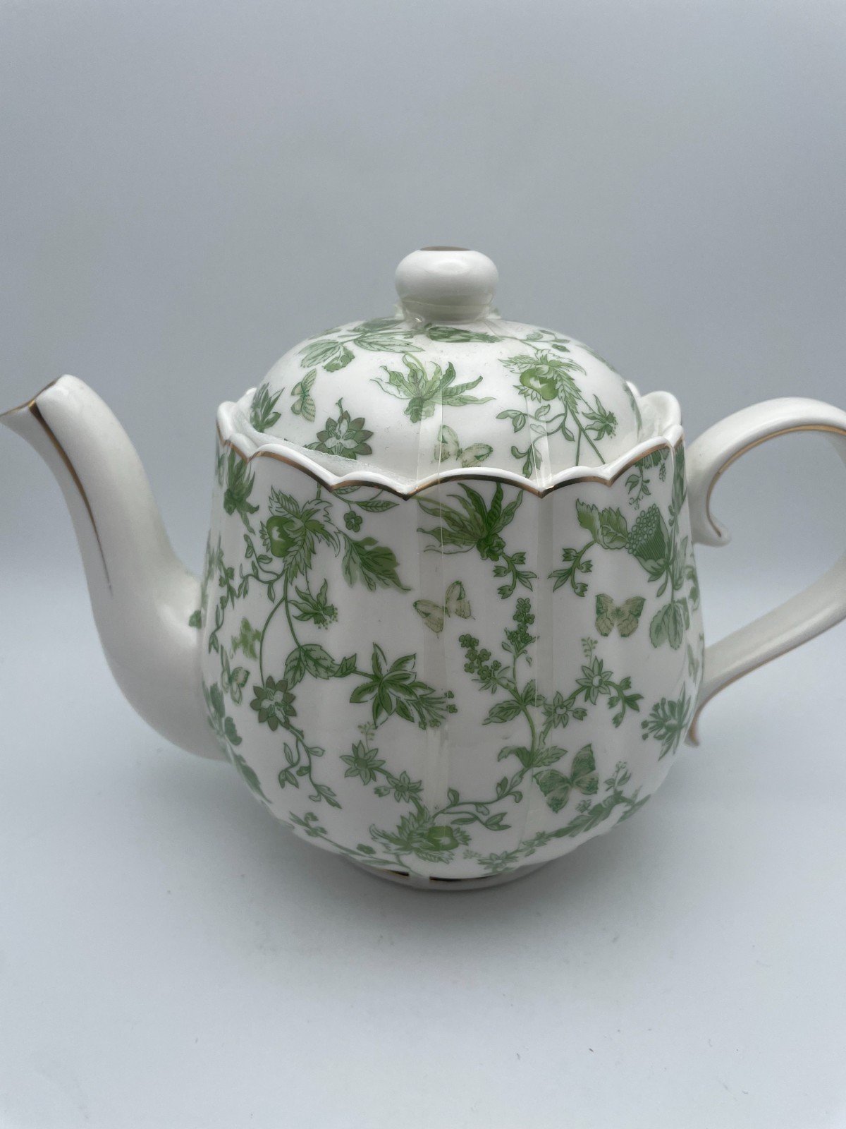 Grace Teaware Shabby Chic Green Floral Gold Trim Fine Porcelain Teapot & Lid B97