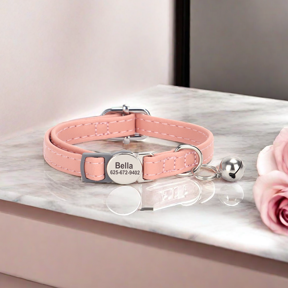 Personalized Cat Collar Puppy Kitten Engraved Name Tag Soft Leather Adjustable