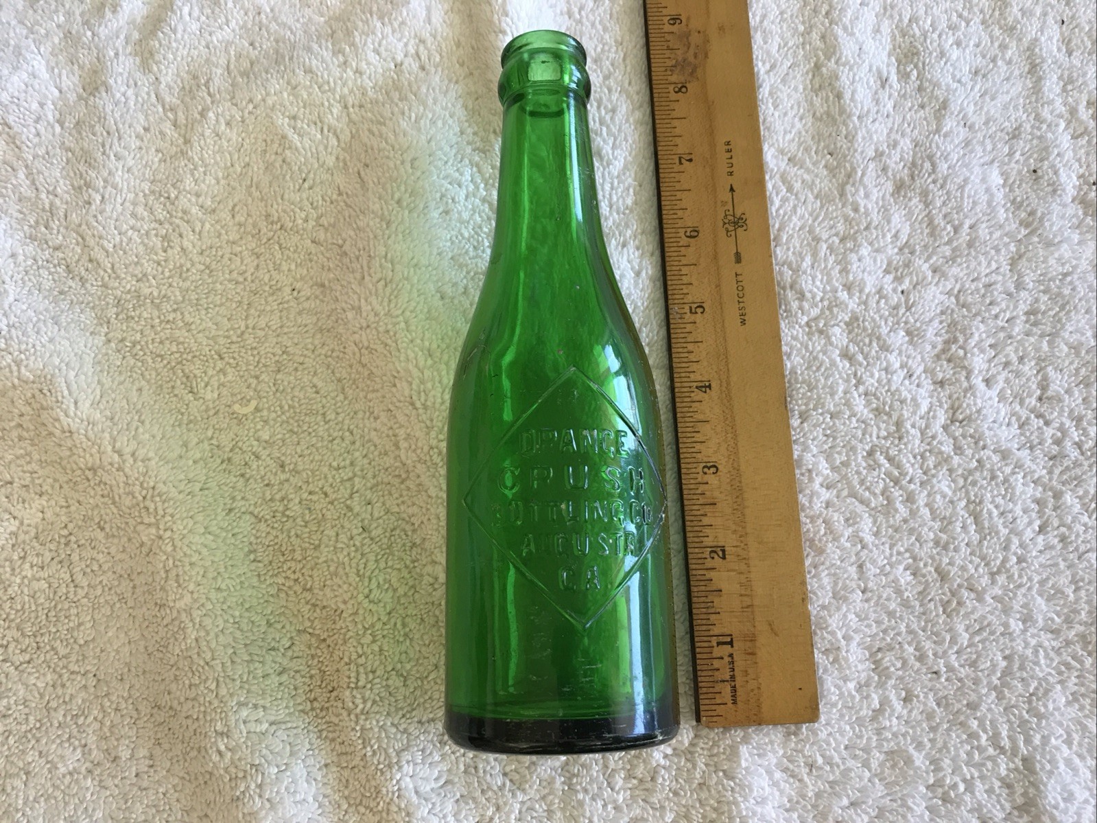 ORANGE CRUSH VINTAGE GREEN GLASS EMBOSSED BOTTLE, AUGUSTA, GEORGIA..RARE