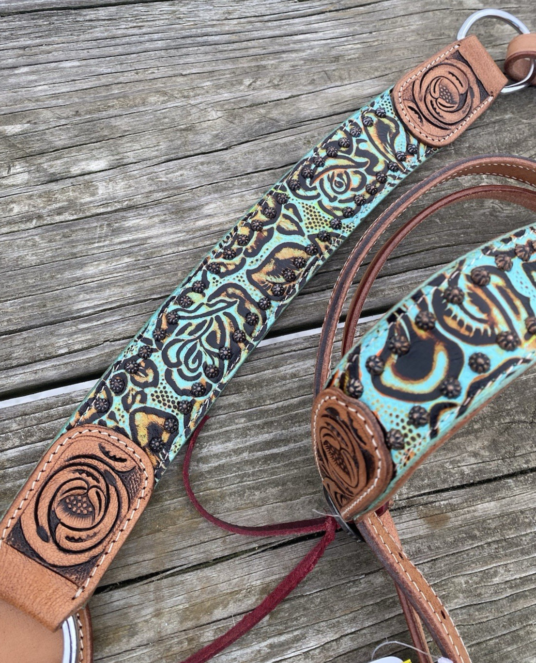 Teal Rustic Rose Western headstall/breast collar set w/reins