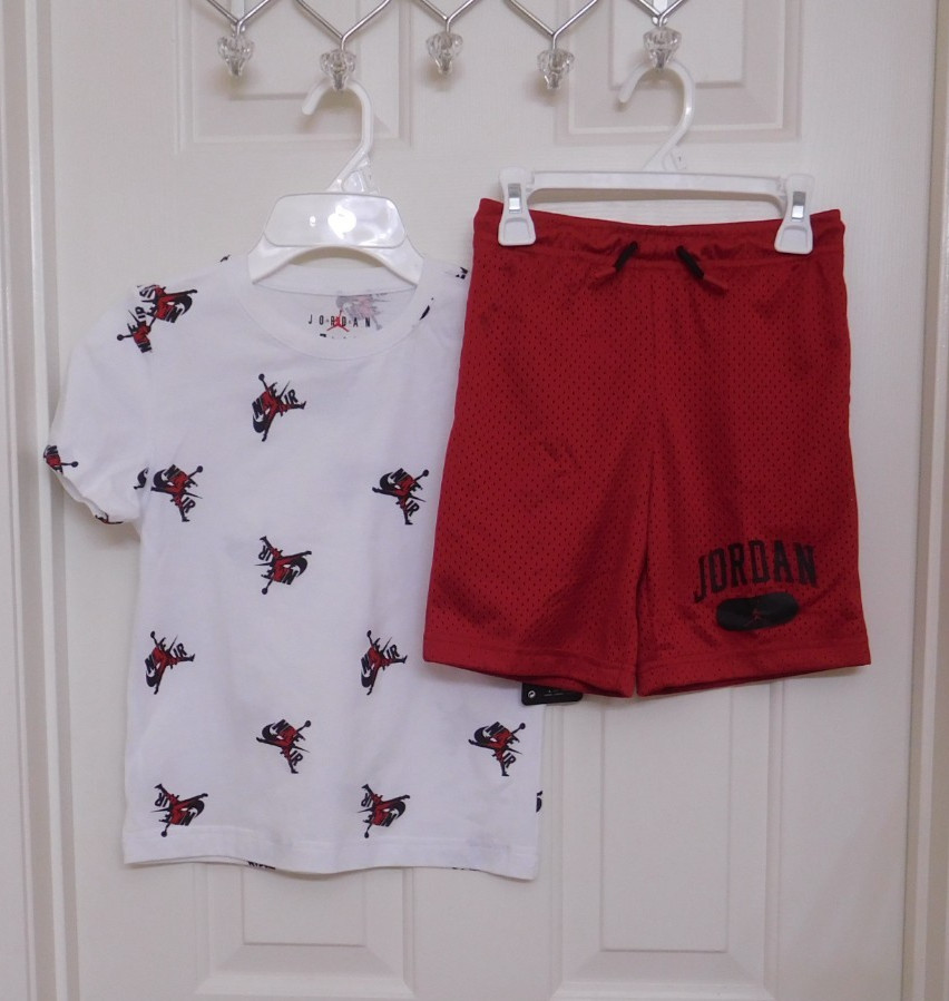 NWT 2pc Jordan White Red Black Allover Print Logo Shirt & Shorts Set sz 7