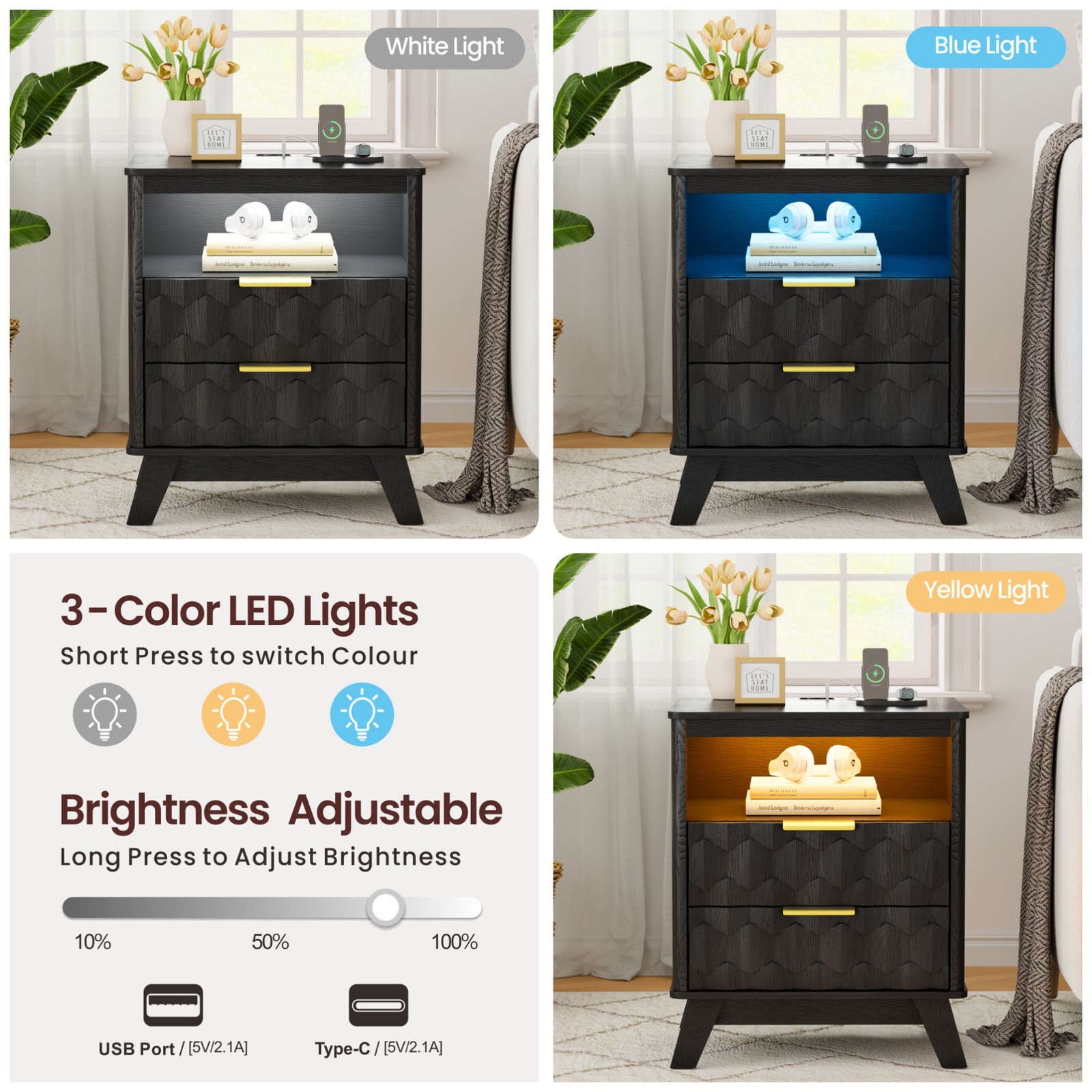 Gurexl Night Stand Set of 2 - with Charging Station and 3-Color LED Light, Black