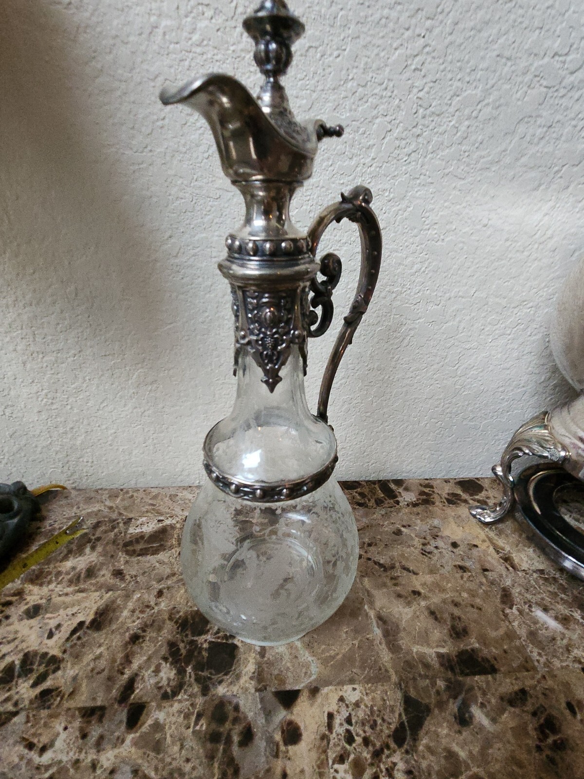 RARE Antique Circa Art Nouveau Silver Plate Etched Glass Claret Jug decanter
