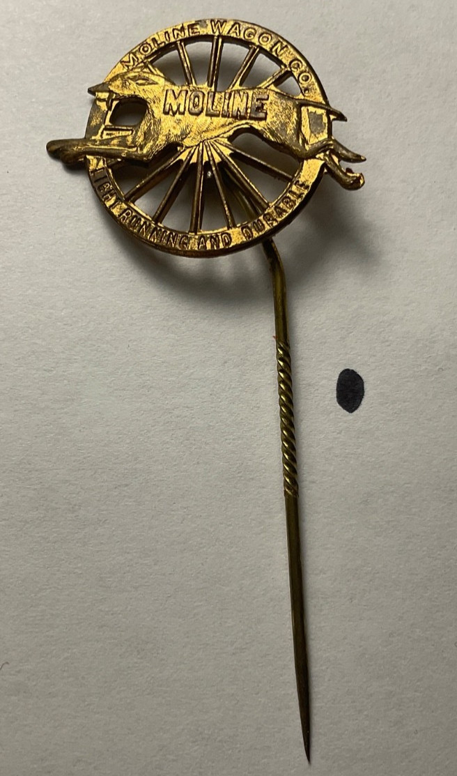Antique Brass Moline Wagon Plow Co. Light Running and Durable Greyhound Stickpin