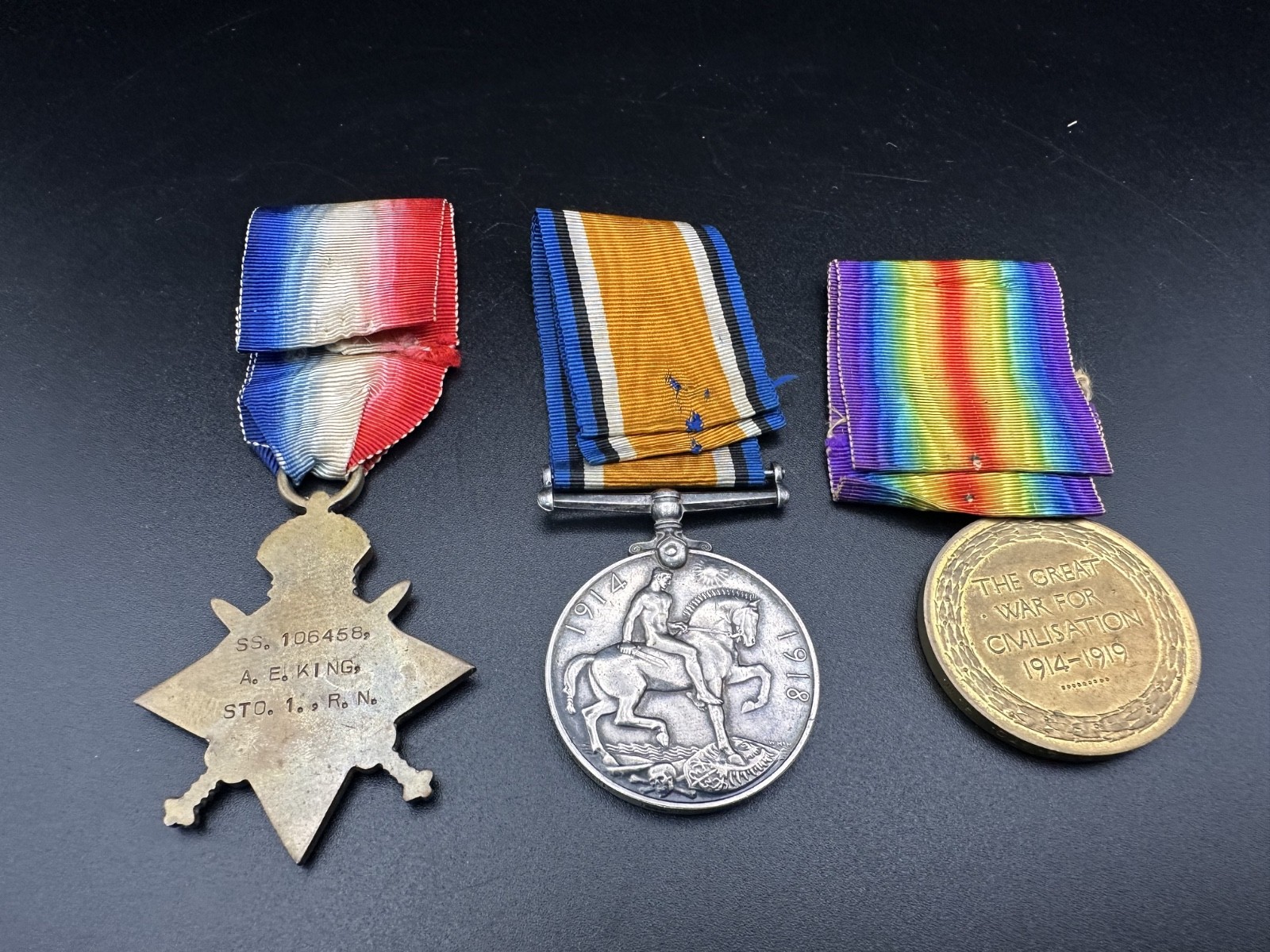 WW1 Star Medal Trio SS.106458 A.E.King STO.1.RN Stoker Royal Navy