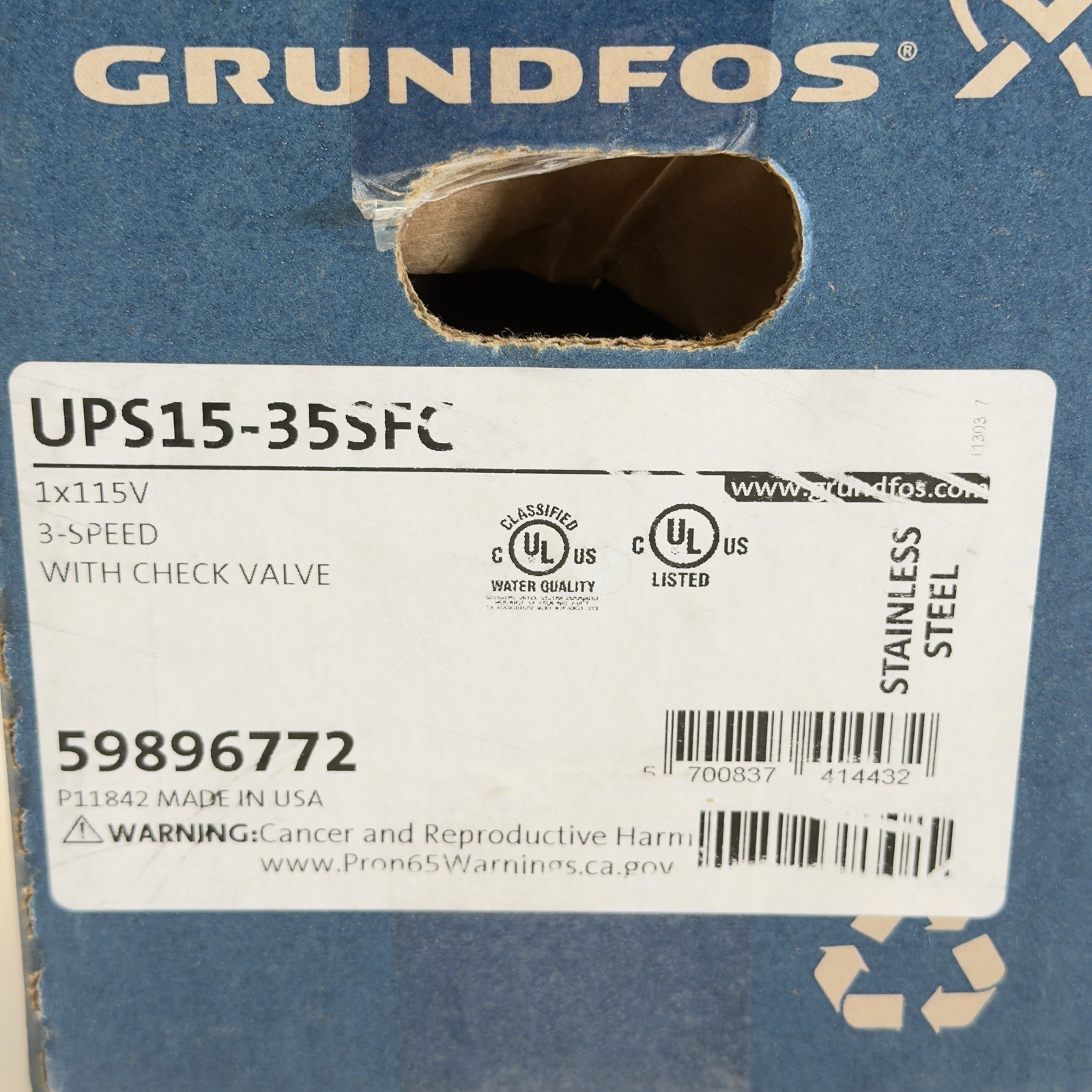 Grundfos Pump 59896772 UPS15-35SFC Stainless Steel 3 Speed 115V Circulator (NEW)