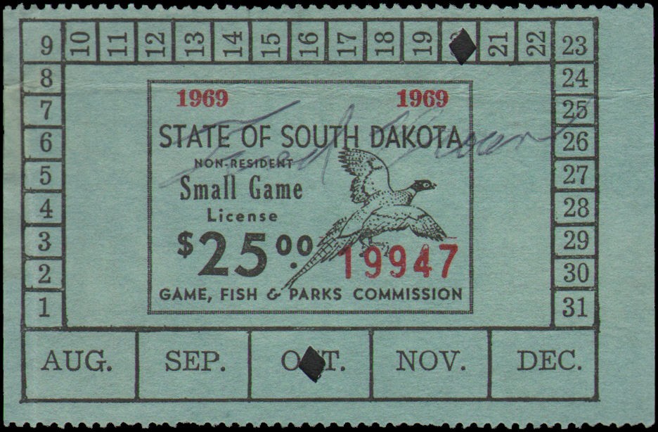 US state revenue-South Dakota Used 1969 small game license