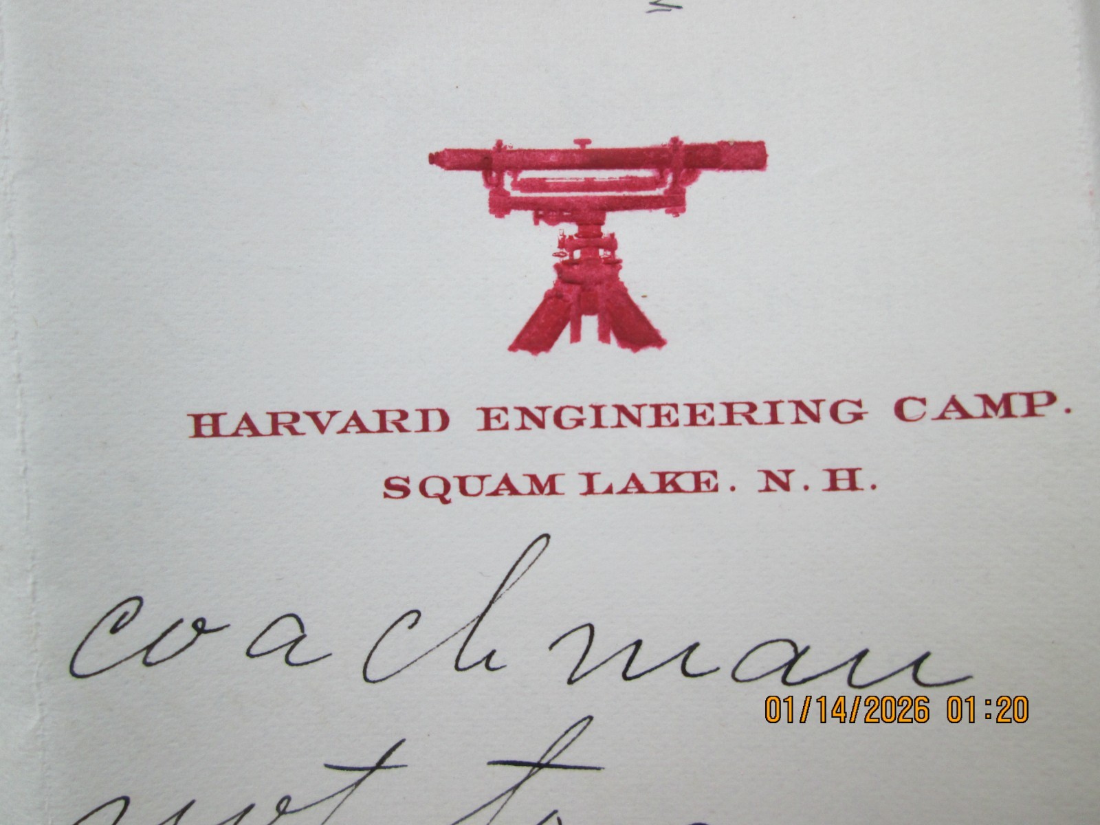1901 Harvard Engineering Camp Squam Lake Ashland NH letter