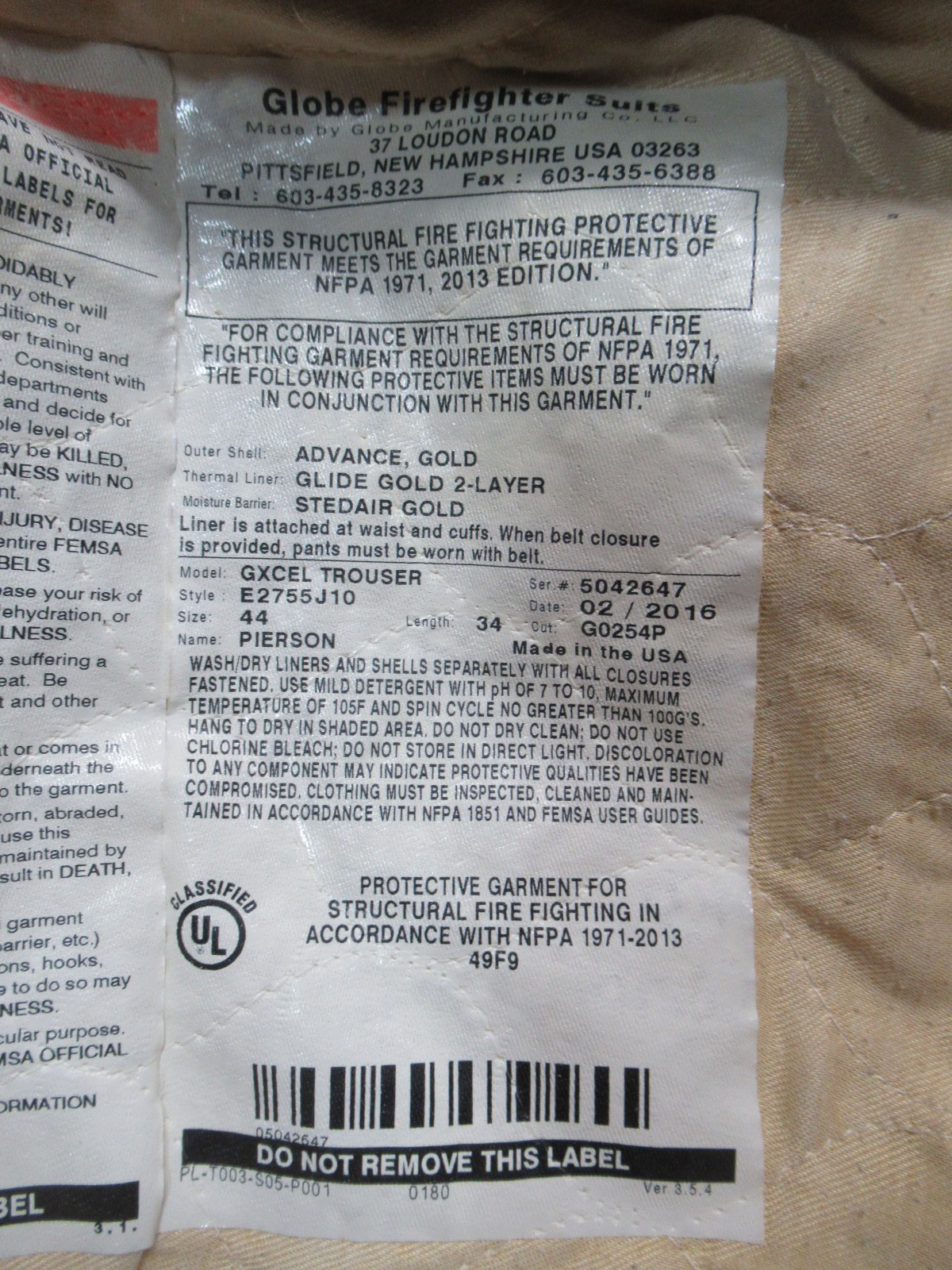 Mfg 2016 GLOBE GXCEL 44 x 34 Firefighter Turnout Bunker Pants FIRE RESCUE GEAR