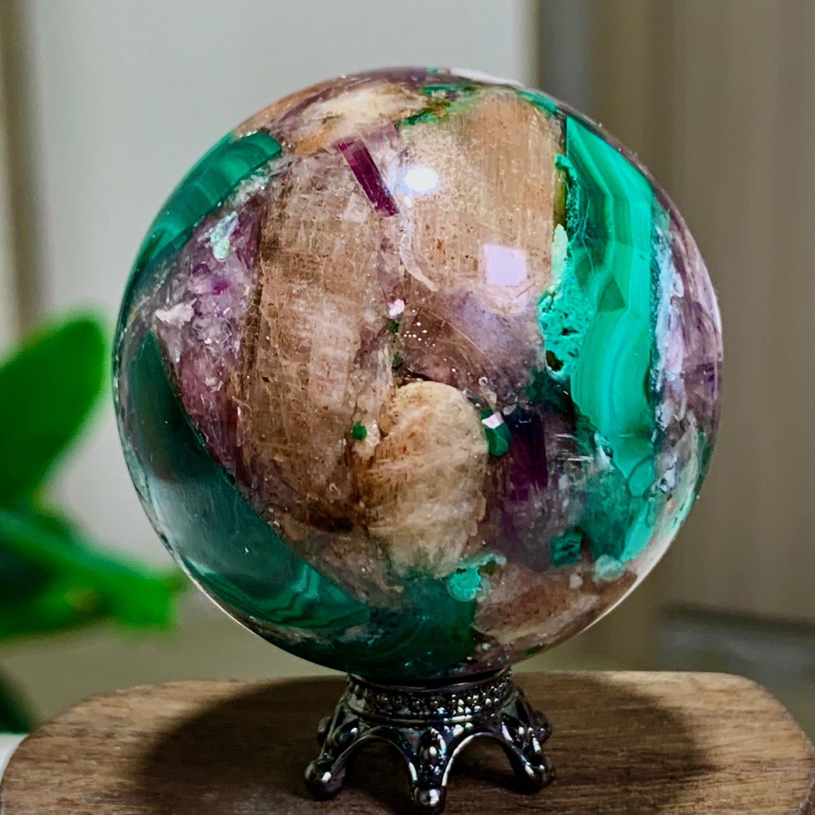 94G Newly discovered rare malachite purple mica symbiotic sphere restoration