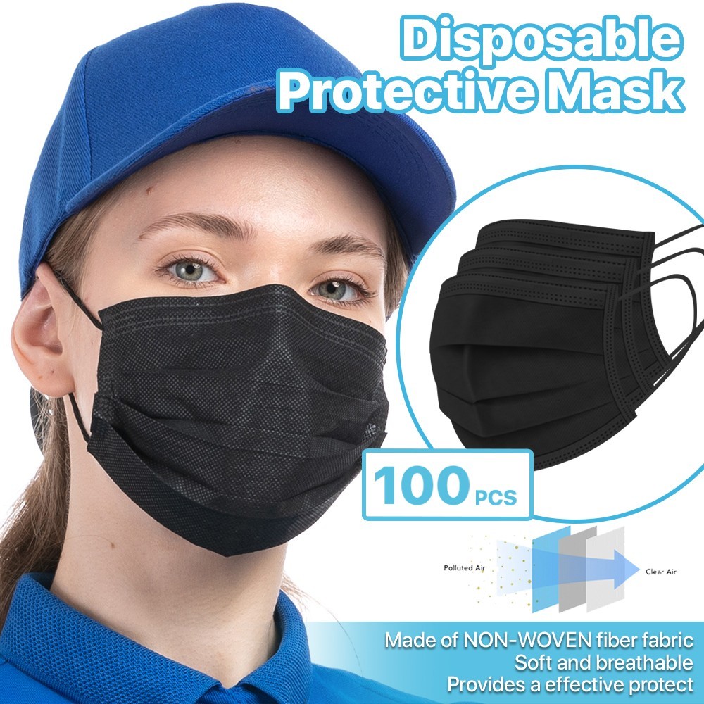 [Black] 100 Pcs Disposable Face Masks 3-Ply Non Medical Surgical Earloop Cover
