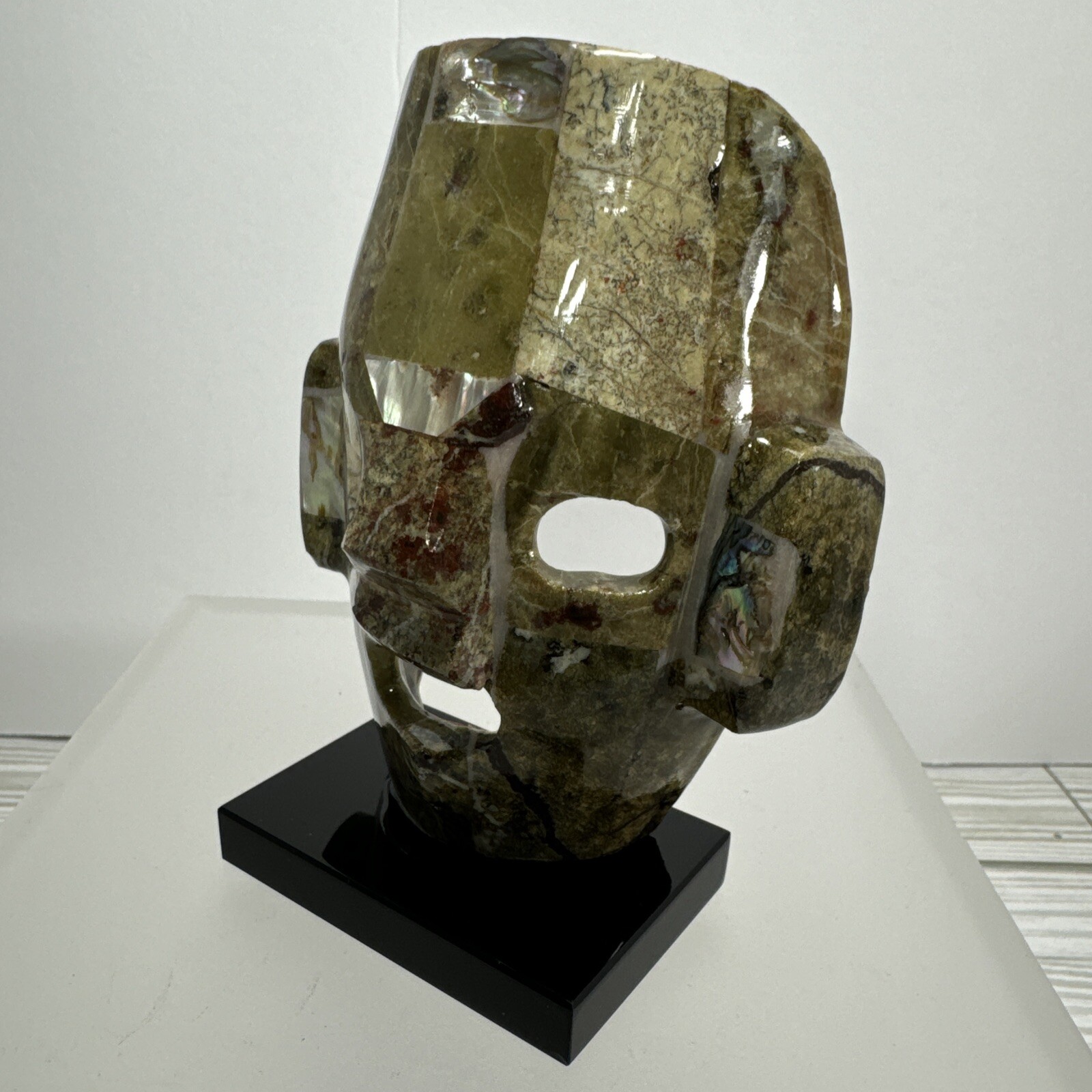 Mexican Mayan Tribal Burial Face Mask Green Stones Mixed Abalone Shell Onyx Base