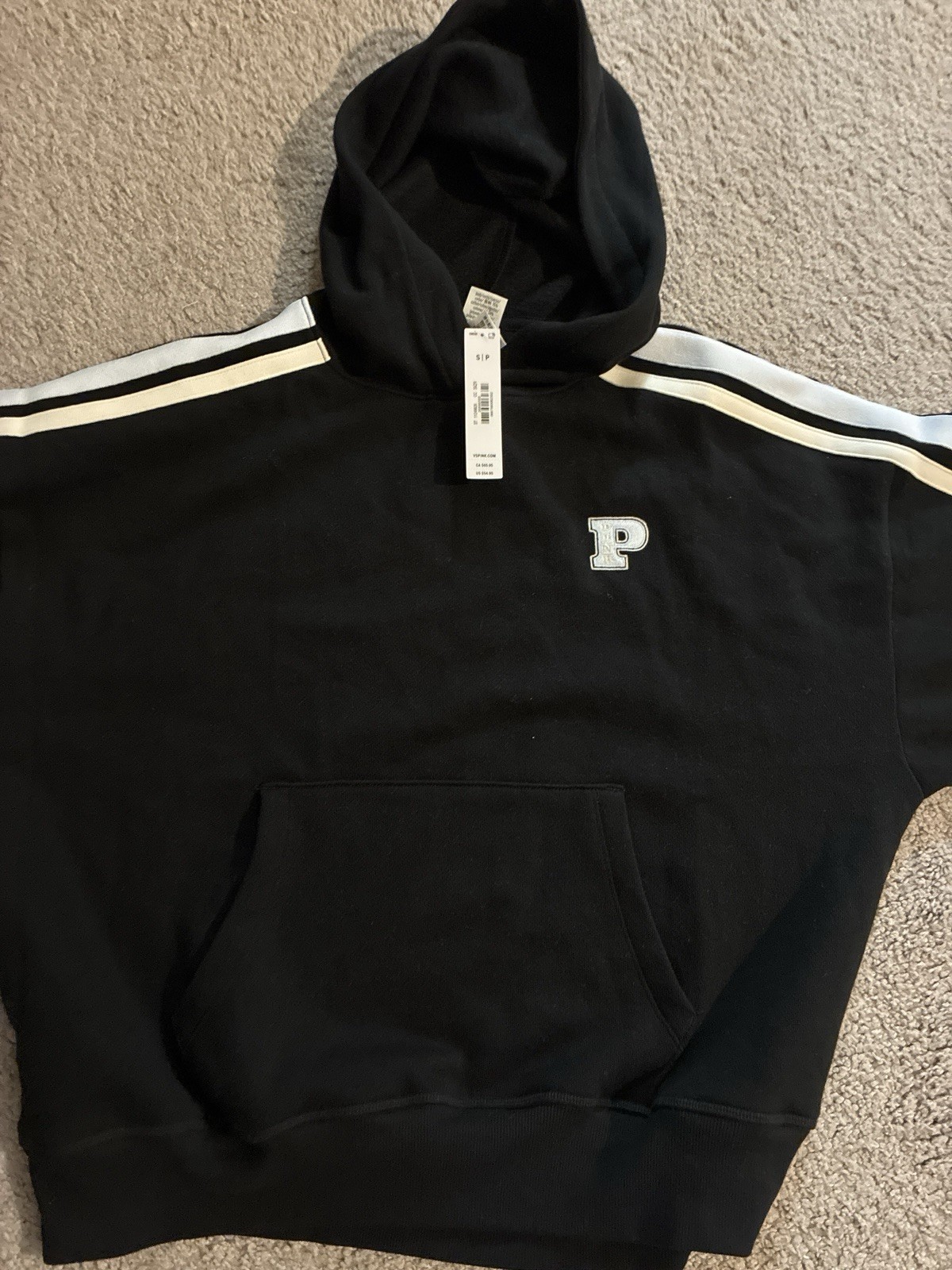 New Victoria’s Secret Pink Pullover Hoodie (XL) Black Logo Stripe NWT