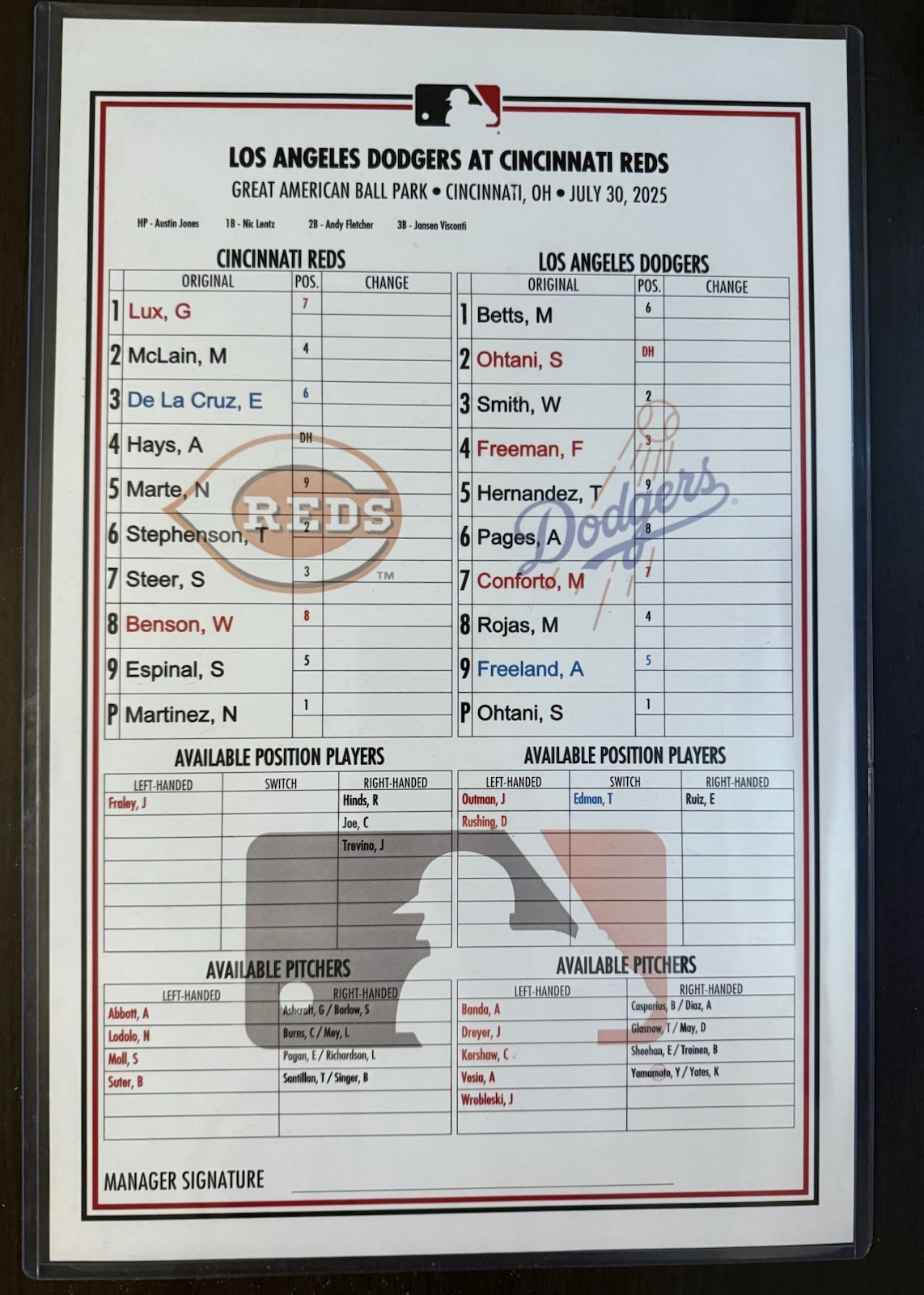 Los Angeles Dodgers Game Used / Issued Lineup Card Shohei Ohtani 7/30/2025