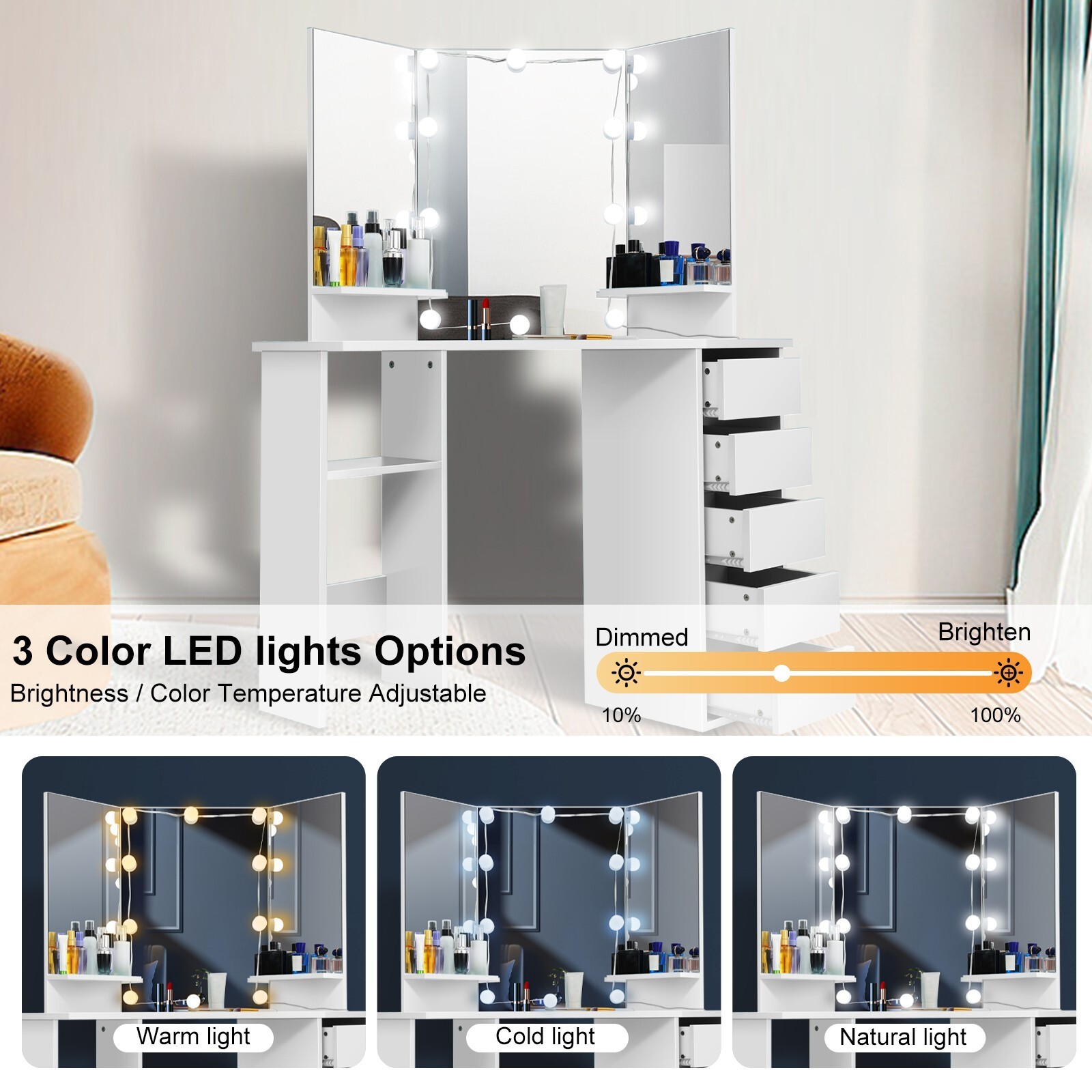 Corner Makeup Vanity Desk Bedroom Vanity Table with Lighted Mirror Girls Vanity~