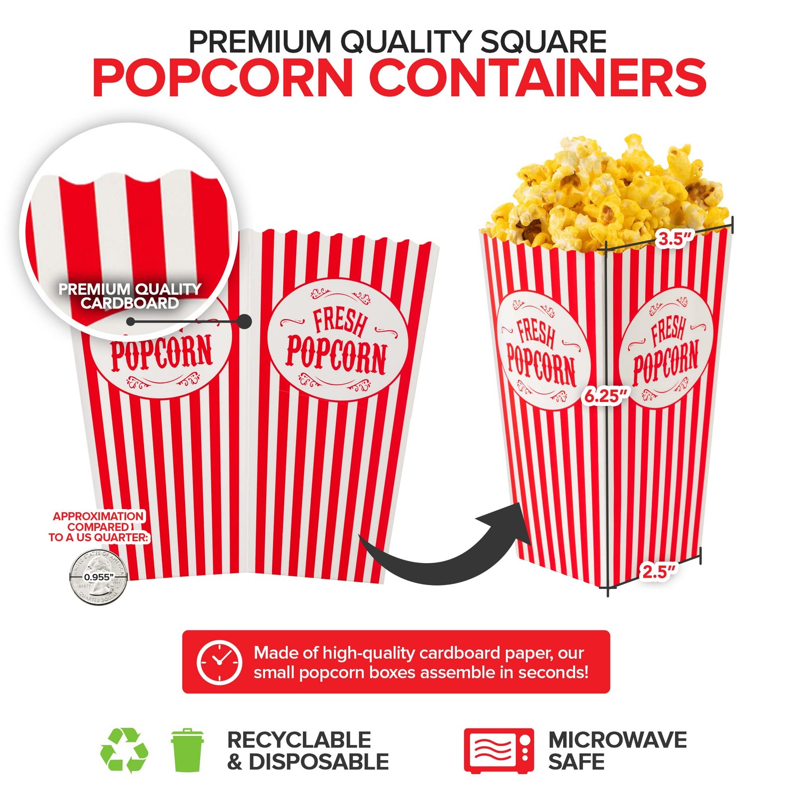 [50 Pack] Movie Theater Popcorn Boxes Disposable Red & White Striped - 30 oz