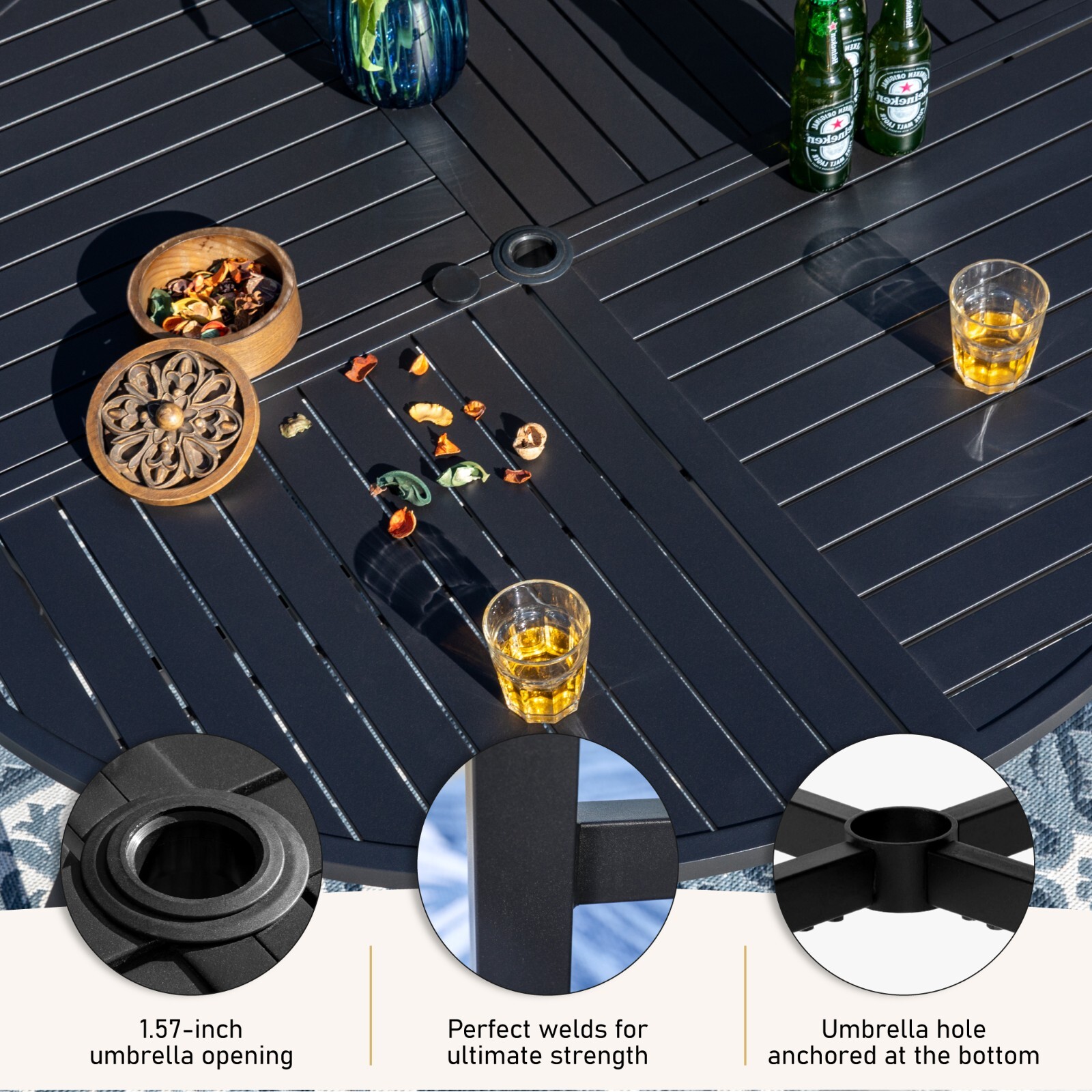 54" Outdoor Dining Table Metal Steel Slat Round Patio Table with Umbrella Hole