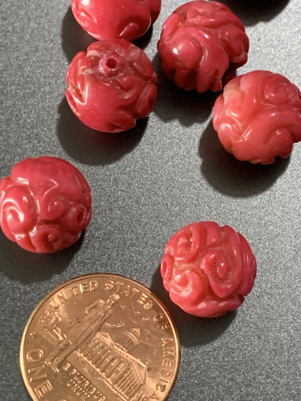 ONE Vintage Carved Chinese Bead Natural Coral Curling Dragon Round 10mm - 11mm