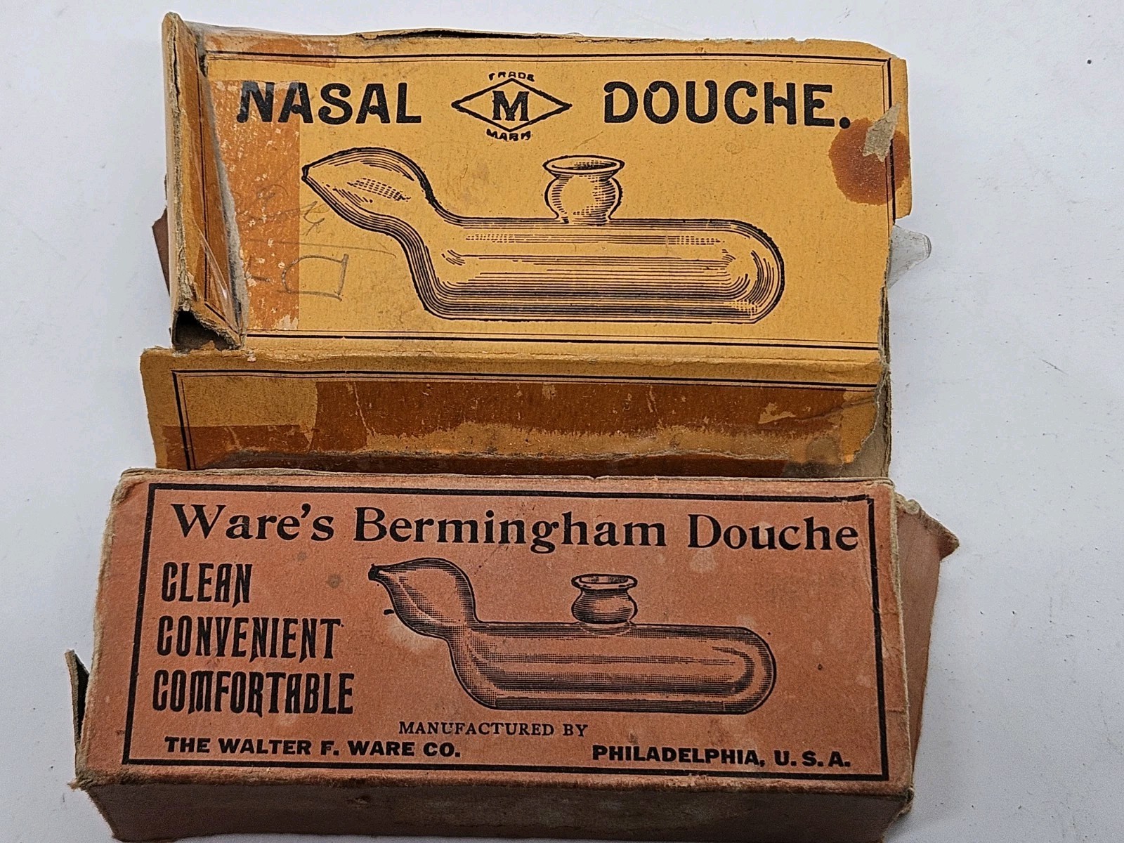 Pair of Antique Victorian Glass Nasal Douche Medical Devices with Original Boxes
