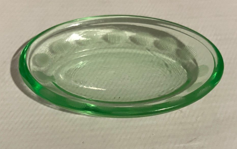Vintage Green Uranium Cambridge Glass Oval Salt Cellar Salt Dip. Etched Glass