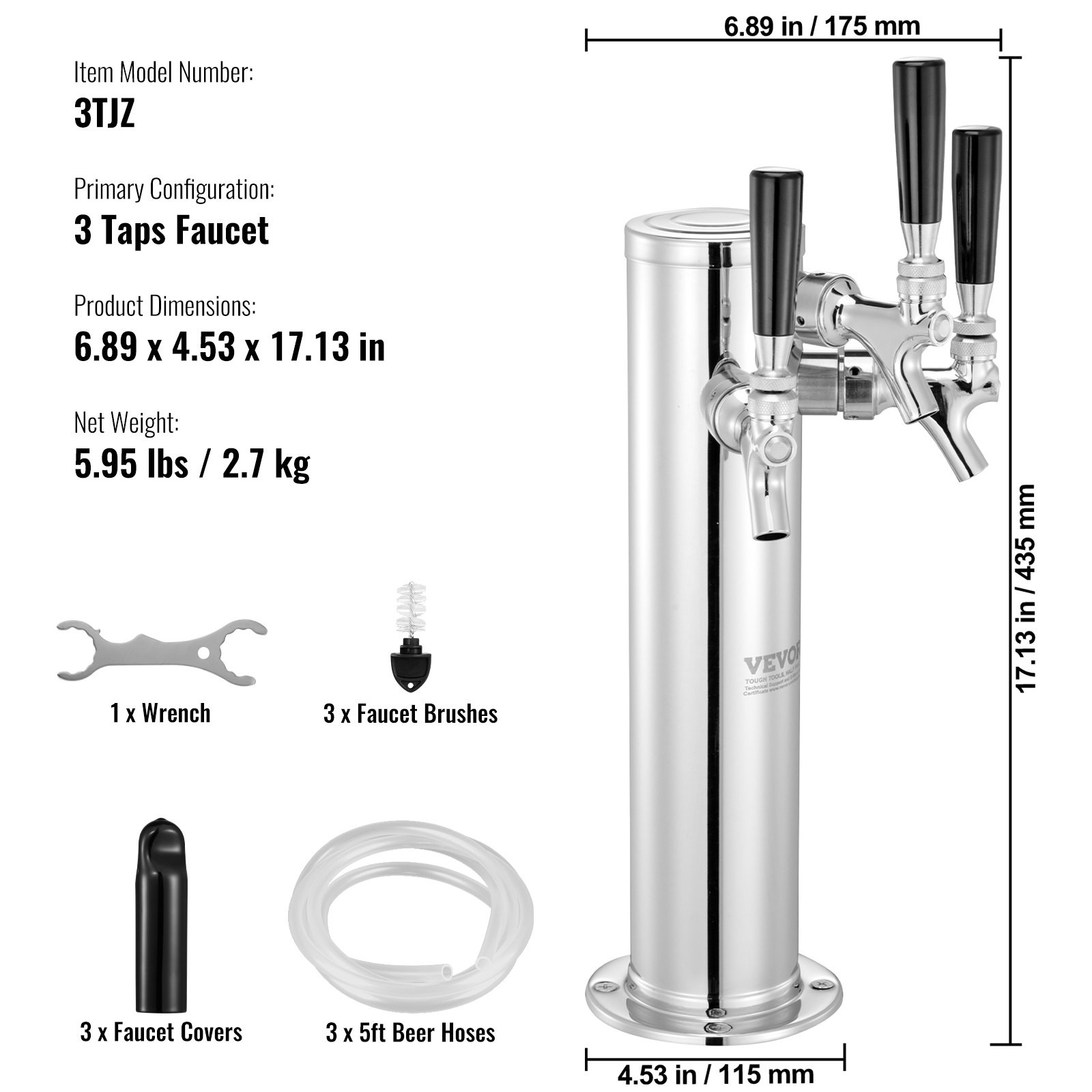 3 Tap Kegerator Beer Tower Stainless Steel Insulated Self-Closing Faucets Kit
