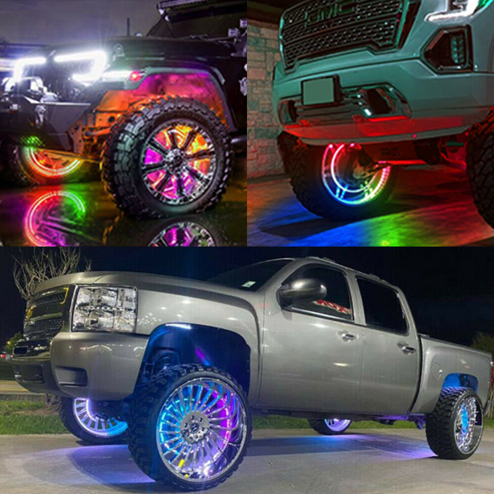 17.5" RGB & Chasing Flow Double Row LED Wheel Ring Rim Lights For Truck Car set