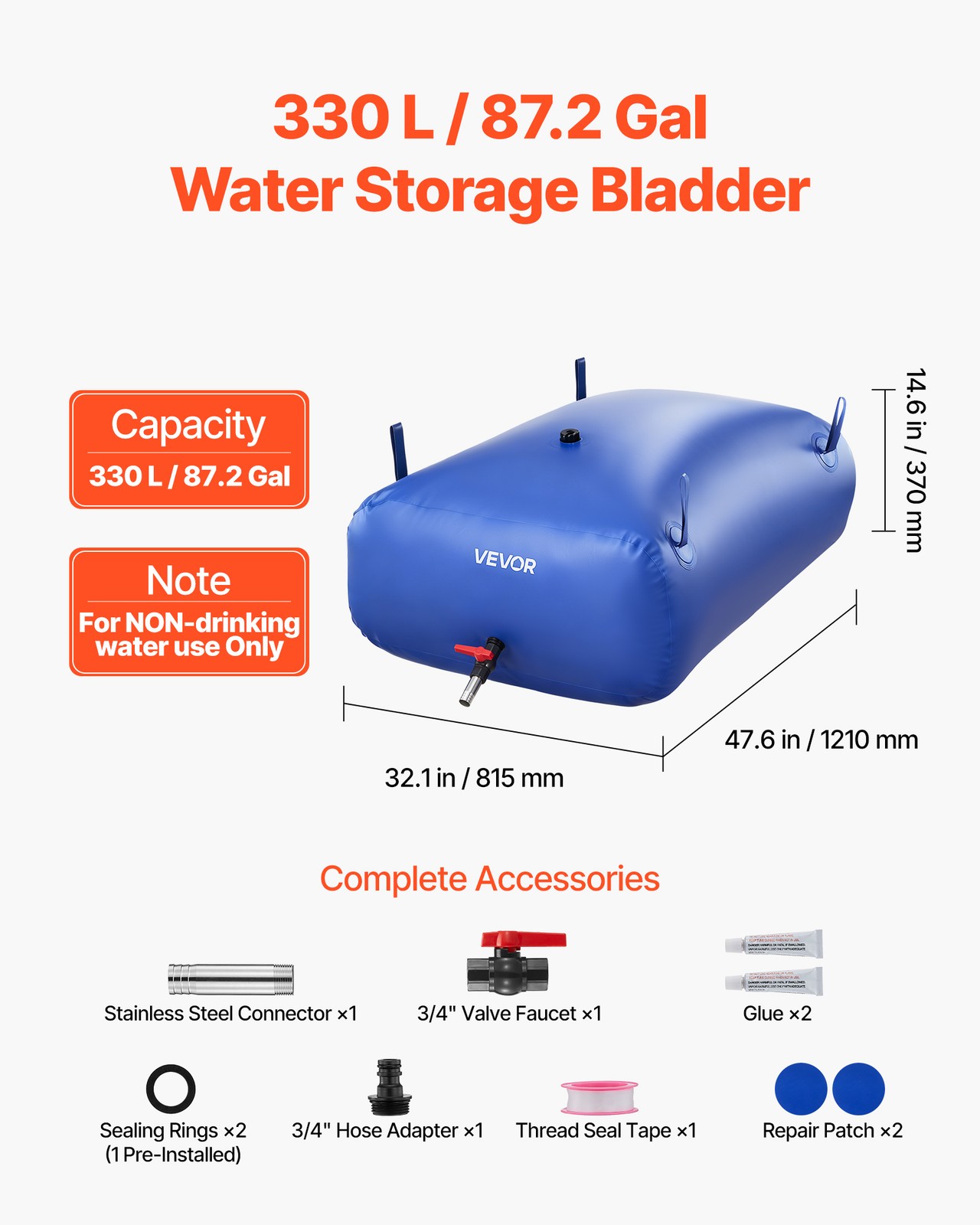 VEVOR 87.2 Gal Collapsible Water Storage Bladder 1000D PVC Water Storage Bag