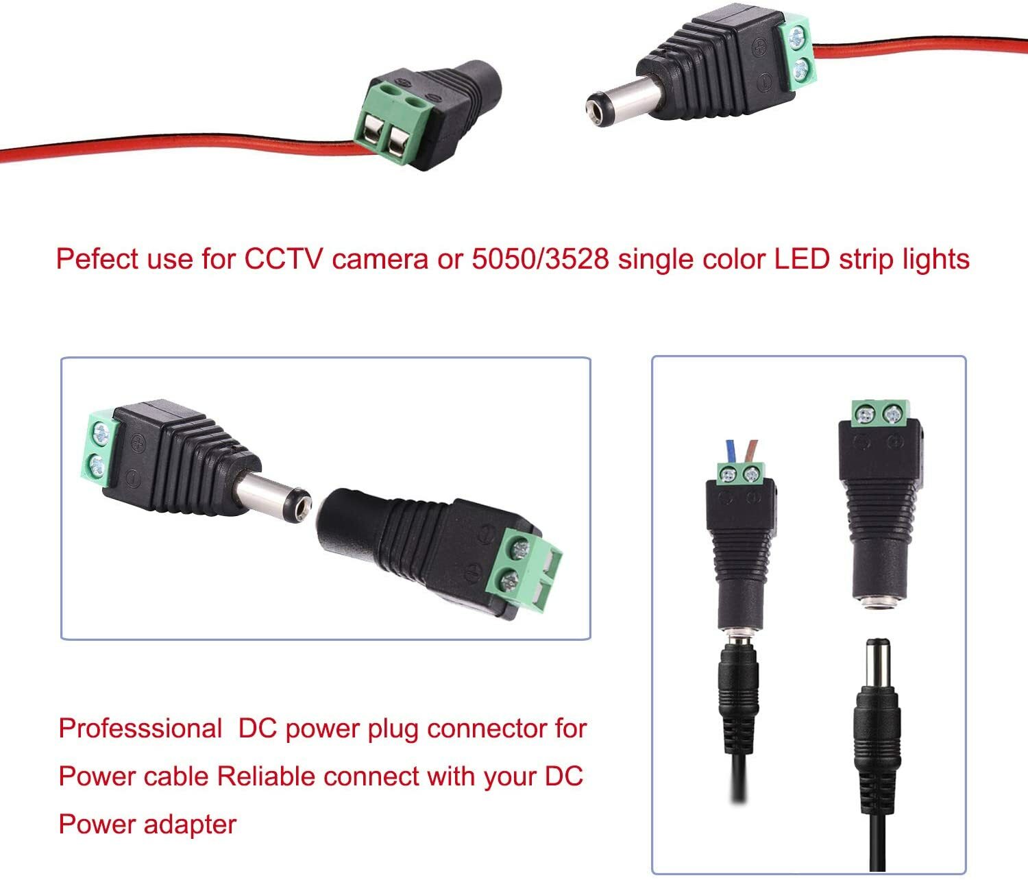 Wire Port Male + Female DC Power Jack Connector Plug 2.1 x 5.5mm Audio CCTV LED