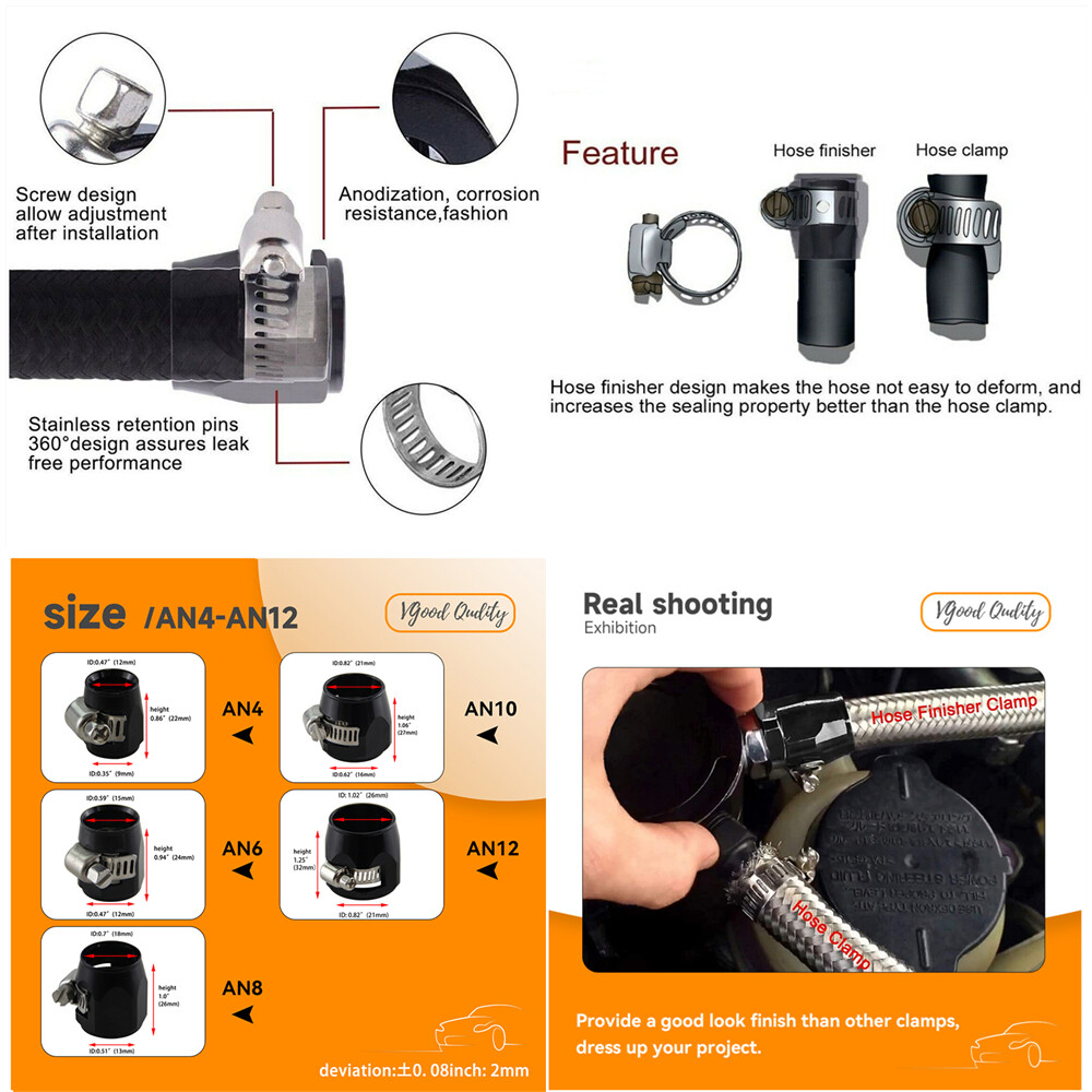 4PCS 8AN AN8 1/2" 18mm ID Fuel Hose Line End Cover Clamp Finisher Fitting Black