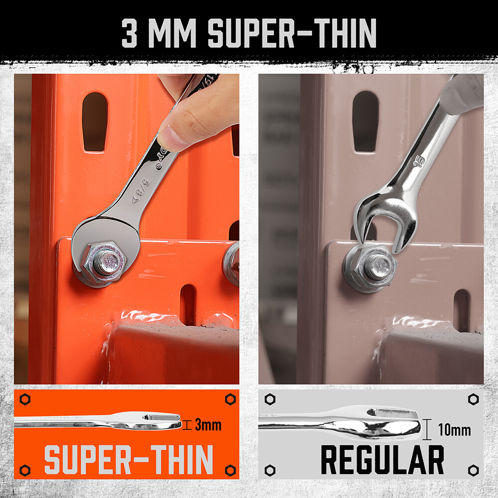 19PC SAE & Metric Thin Open End Wrench Set Bike Wrench Set W/ Rolling Pouch CR-V